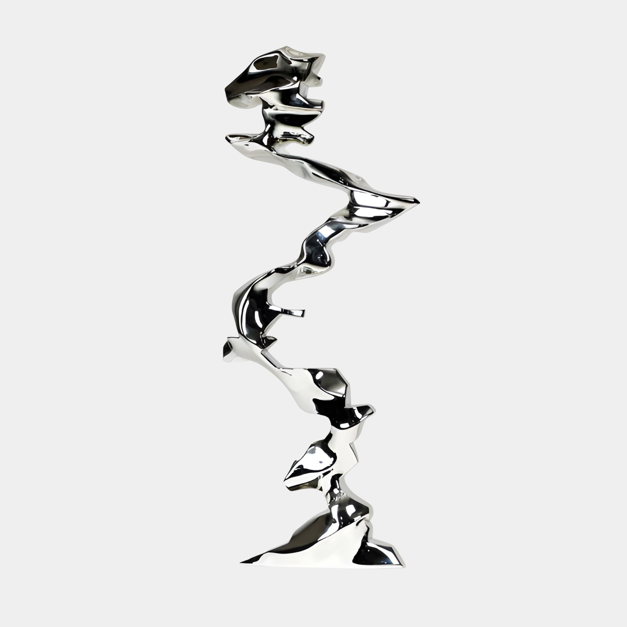 Giant Sculptures Silver Mirror-Polished Abstract Twisted Totem Sculpture 50cm, a vertical column of fluid stacked forms in chrome finish on a plain background.