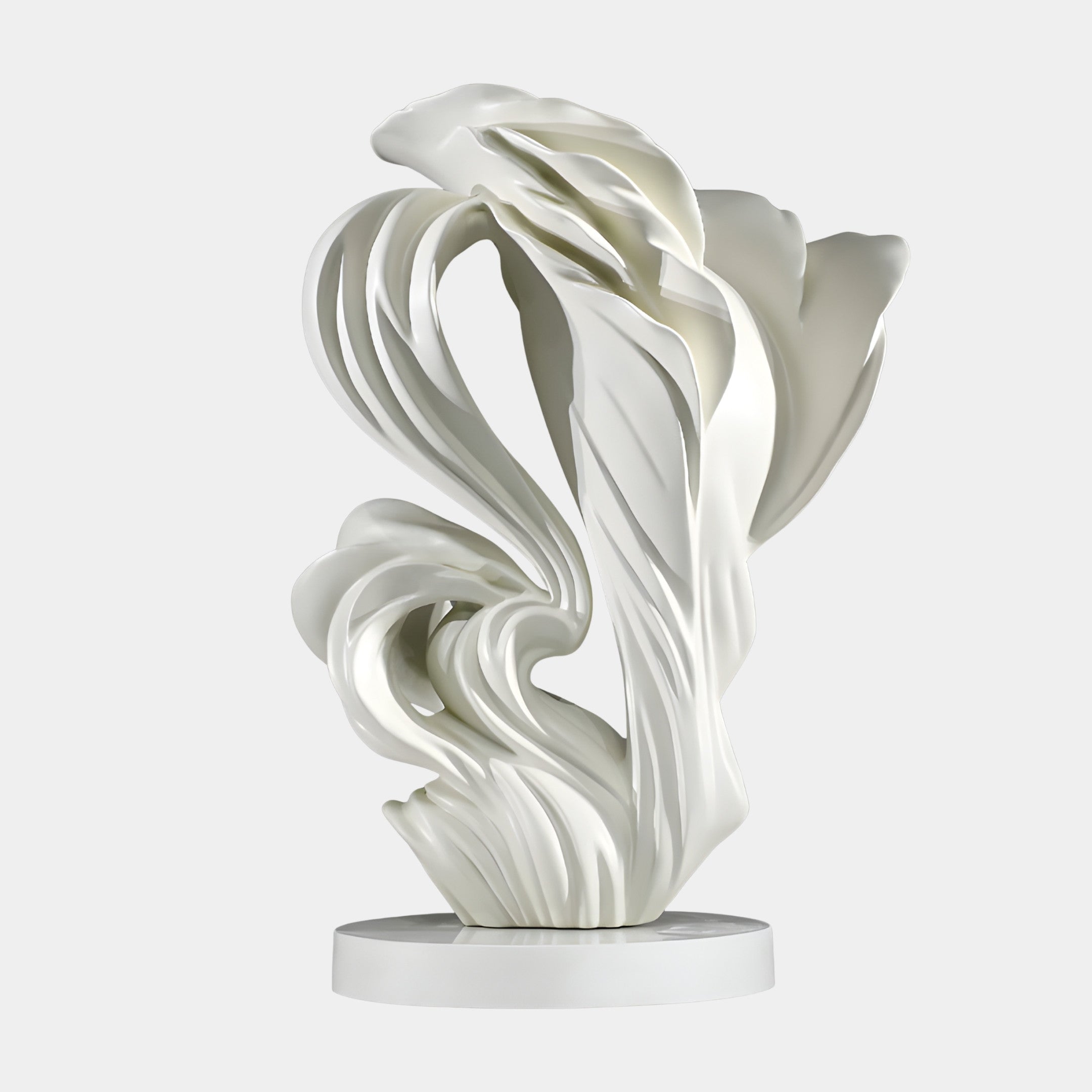 White Abstract Swirling Calla Lily Cluster Sculpture by Giant Sculptures in matte 3D-printed resin, with ribbon-like petals on a round base against a plain background.
