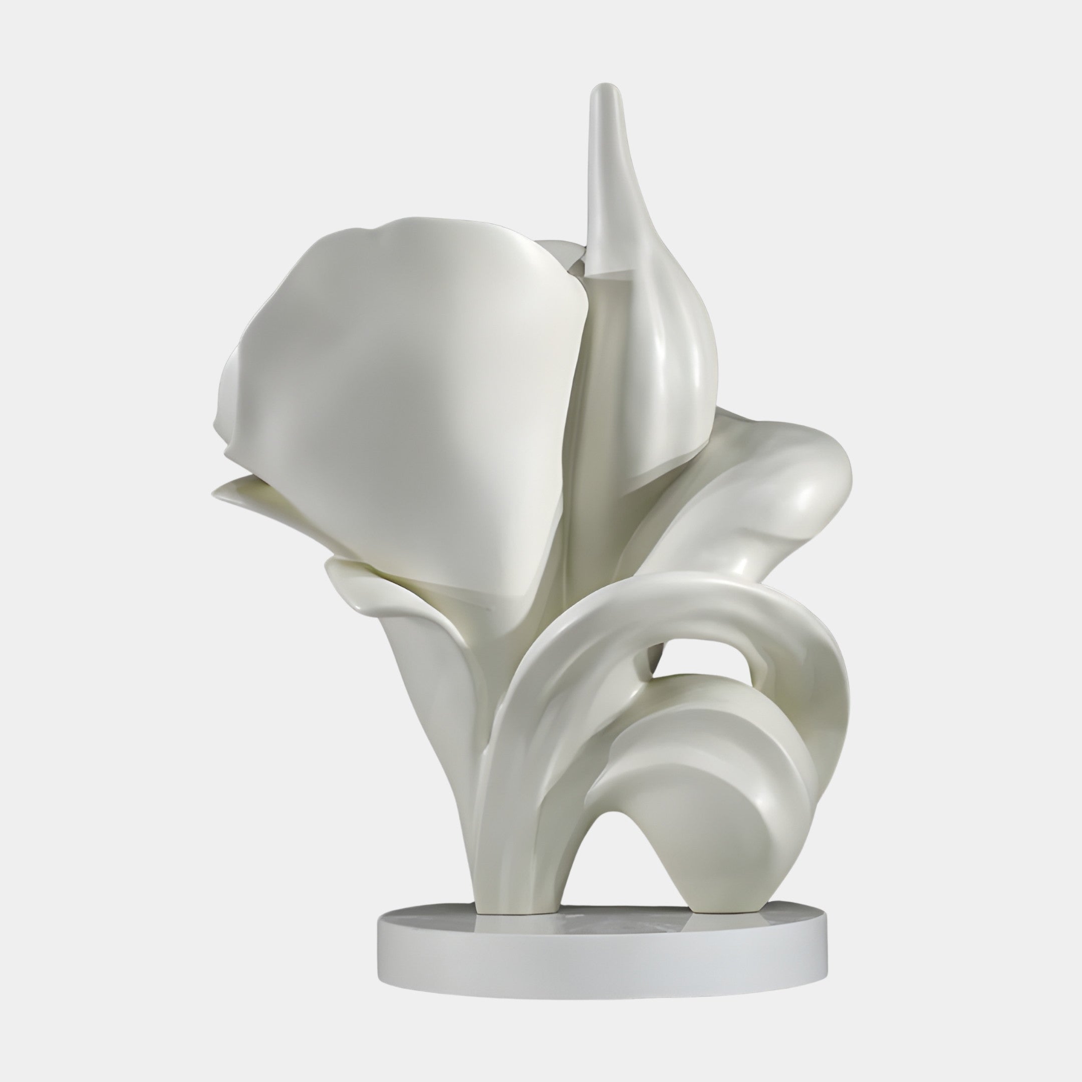 White Abstract Calla Lily Sculpture by Giant Sculptures, 50cm, 3D-printed resin with matte finish, curling petals around an upright spadix on a round base.