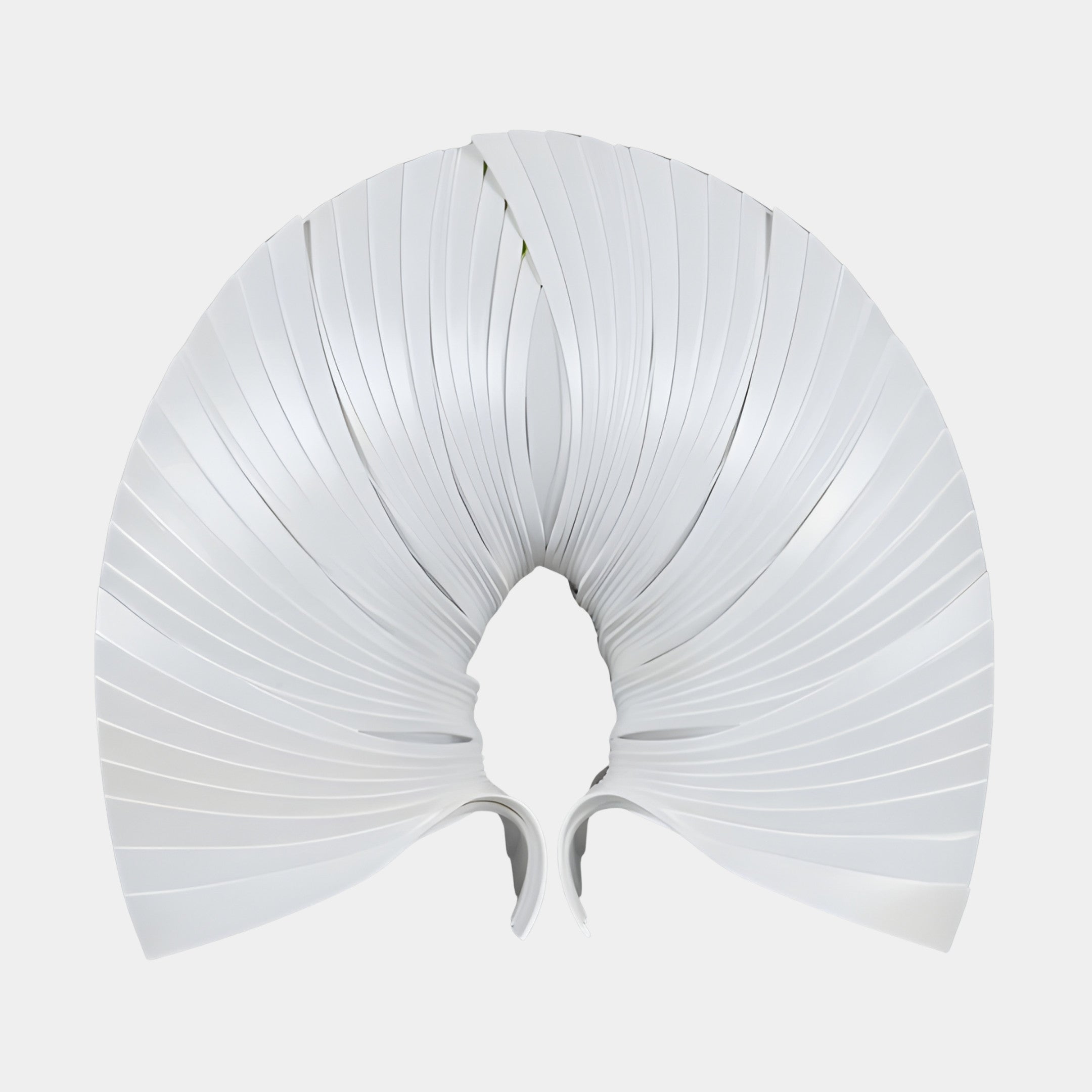 White Abstract Fan Shell Sculpture by Giant Sculptures, a 40cm 3D-printed resin piece with finely pleated fan-like blades radiating in a symmetrical shell form on a plain background.