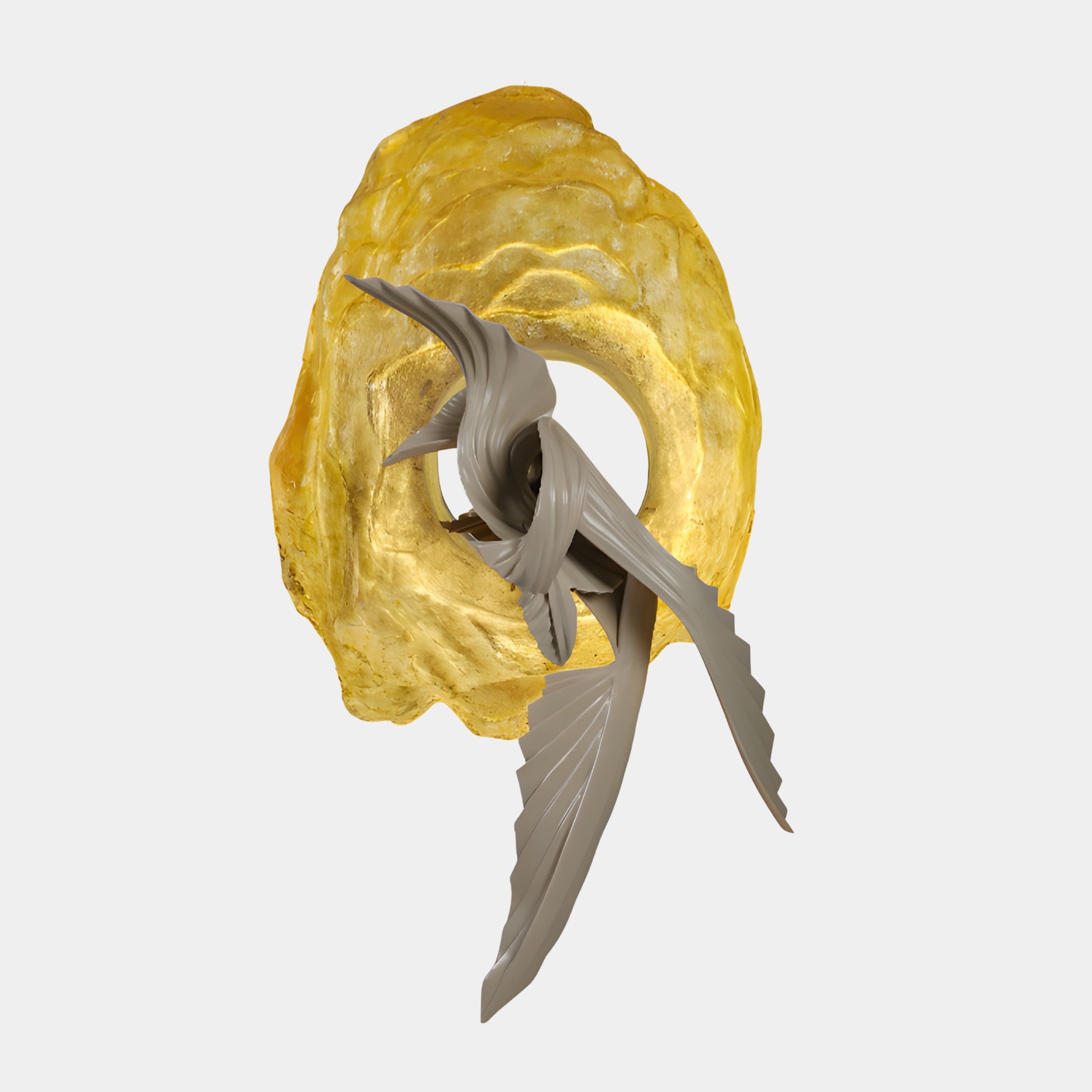 Giant Sculptures Gold & Silver Abstract Ring with Bird Hanging Sculpture 80cm, textured gold ring with grey swallow swooping through the centre, on plain background.