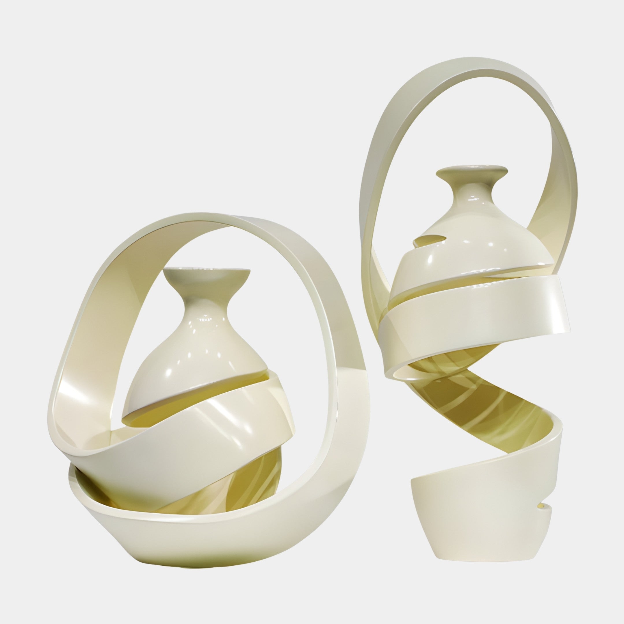 Pair of White & Gold Abstract Lantern Sculptures by Giant Sculptures in cream 3D-printed resin, with spiralling ribbon shells around central vessels on a plain background.