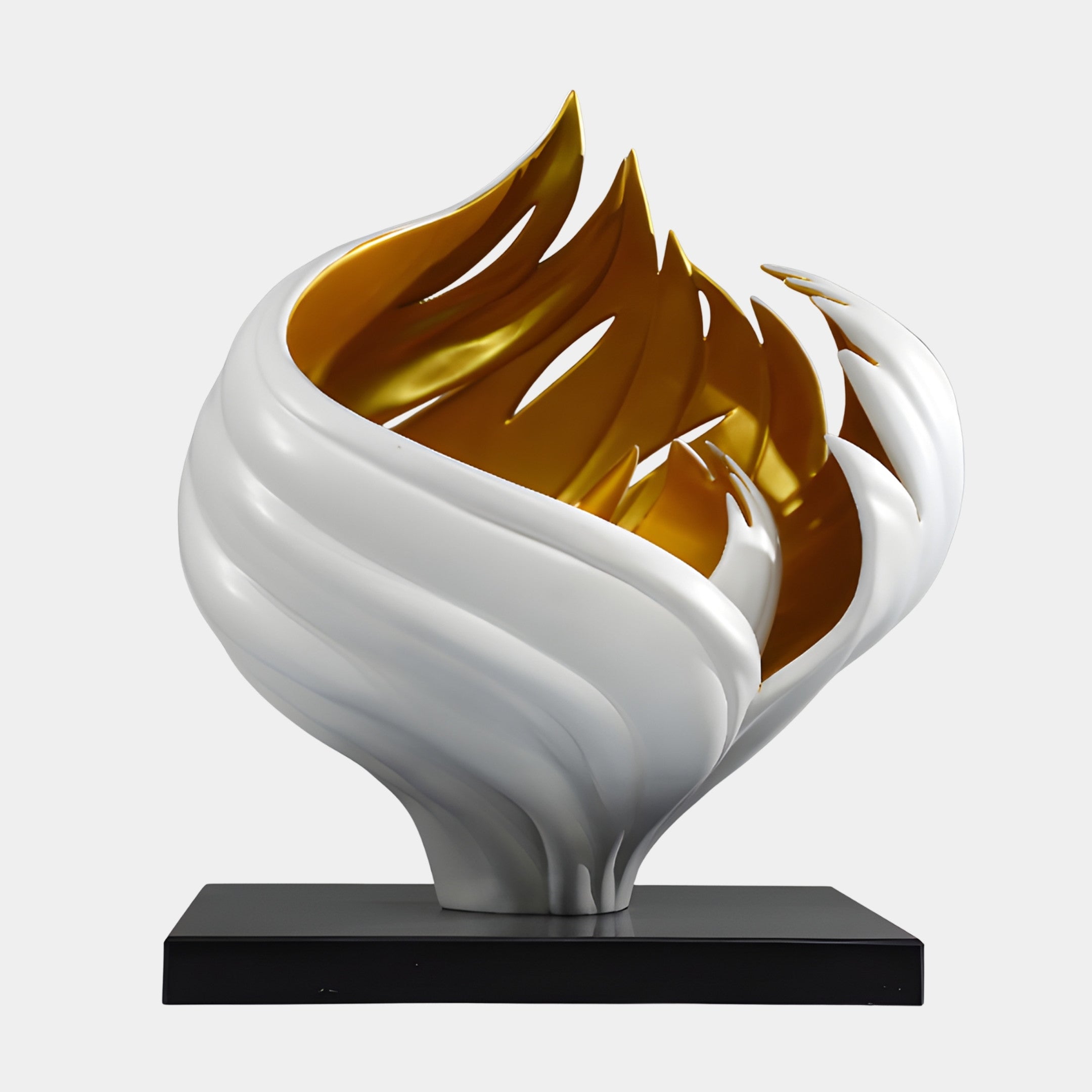 White and Gold Abstract Flame Bowl by Giant Sculptures, 48cm, with curling glossy white petals opening to a gilded golden interior on a black rectangular base.