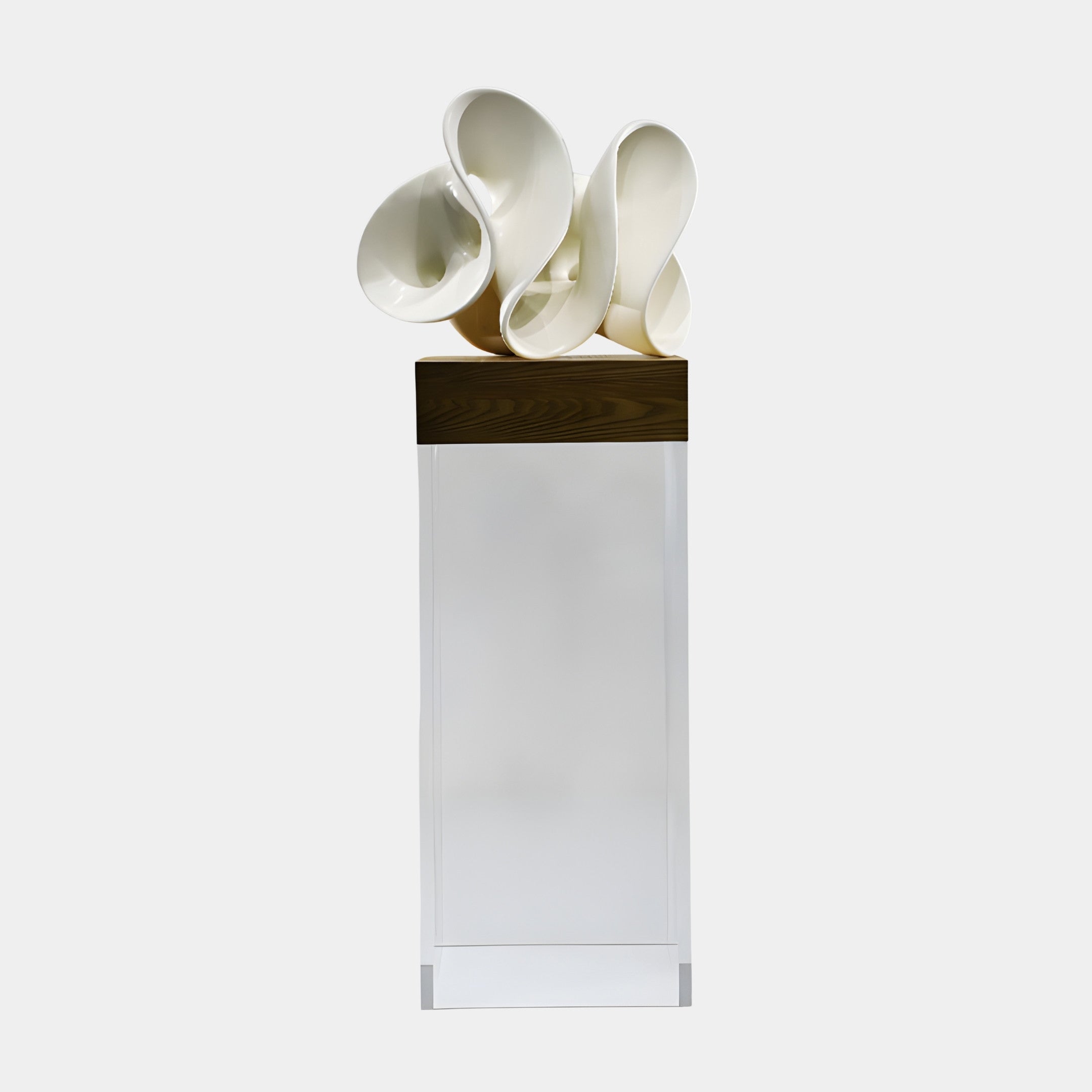 White Abstract Triple Trumpet Forms Sculpture by Giant Sculptures, 135cm, with flaring 3D-printed resin blooms on a wood collar and clear acrylic column.