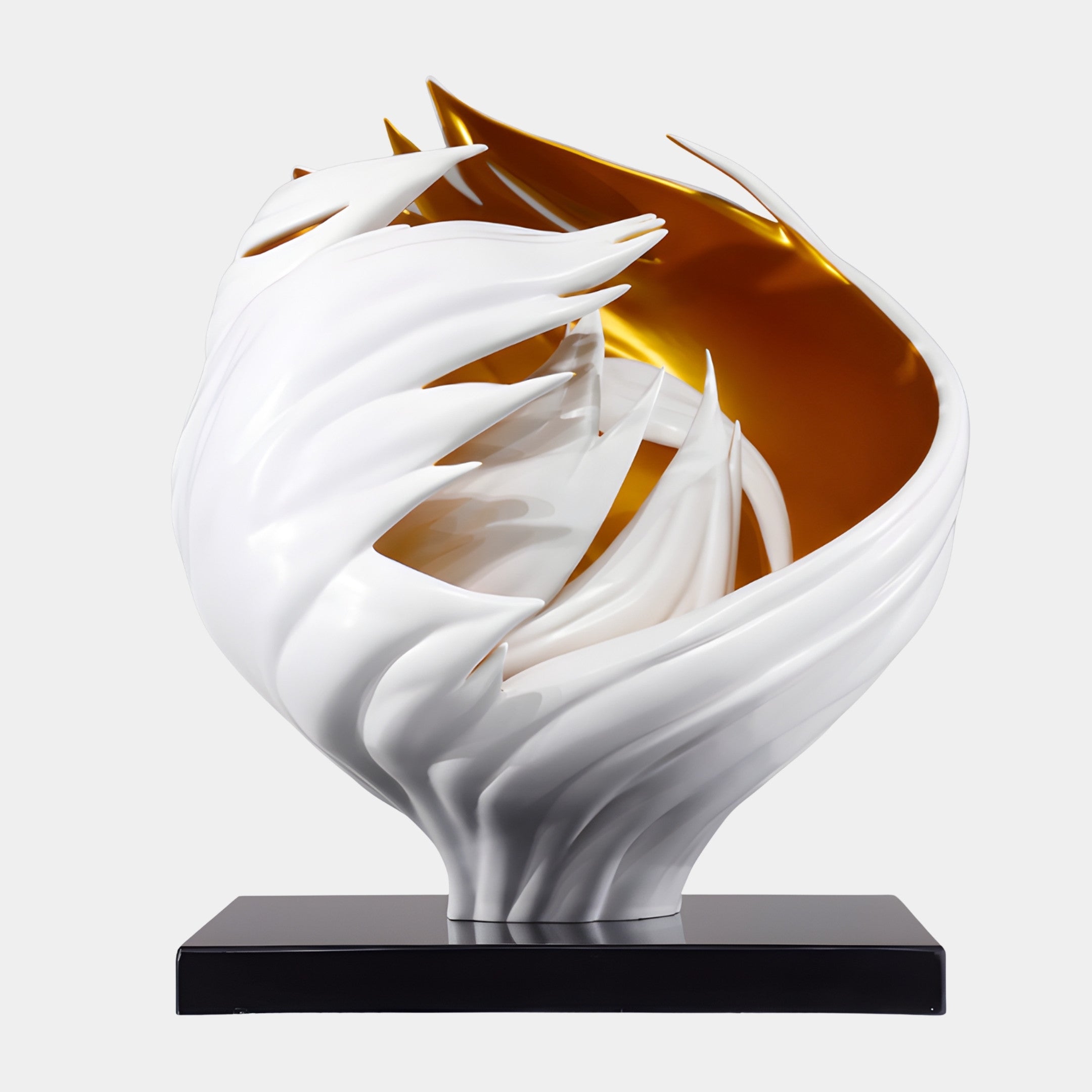 White and Gold Abstract Lotus Bowl Large 47cm by Giant Sculptures, 3D-printed resin with flame-like white petals opening to a gilded gold interior on a black base.