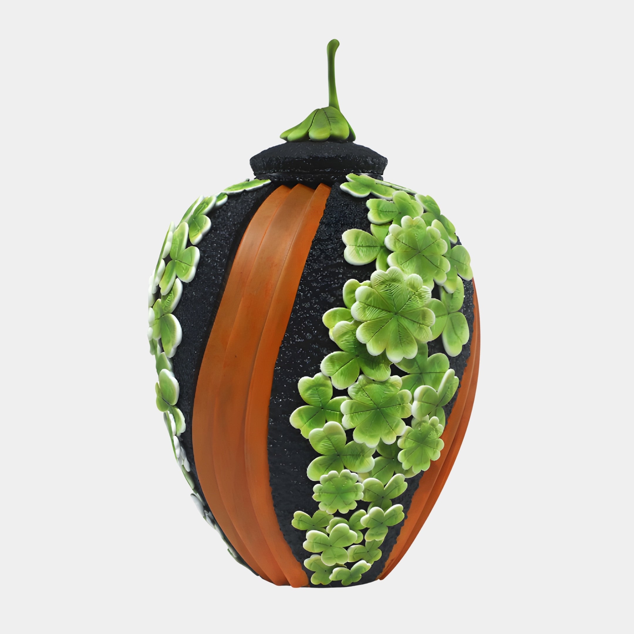 Orange and Green Abstract Fruit Form Sculpture by Giant Sculptures, 60cm 3D-printed resin piece with black textured body, orange ribs, and green clover blooms.