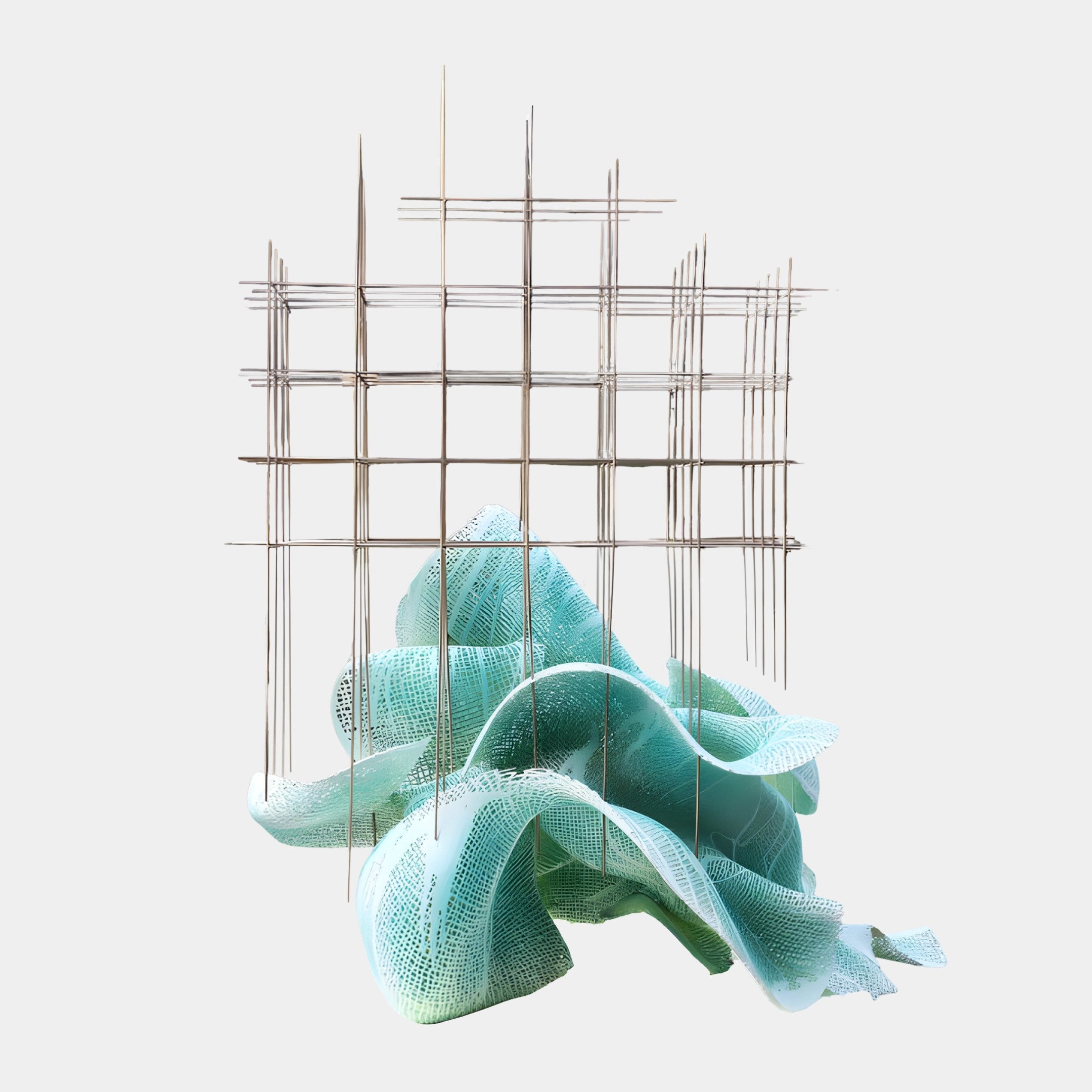 Green Abstract Glass Flower Cluster Sculpture by Giant Sculptures, sea-green ruffled mesh-textured resin blooms with a metal grid framework on a plain background.