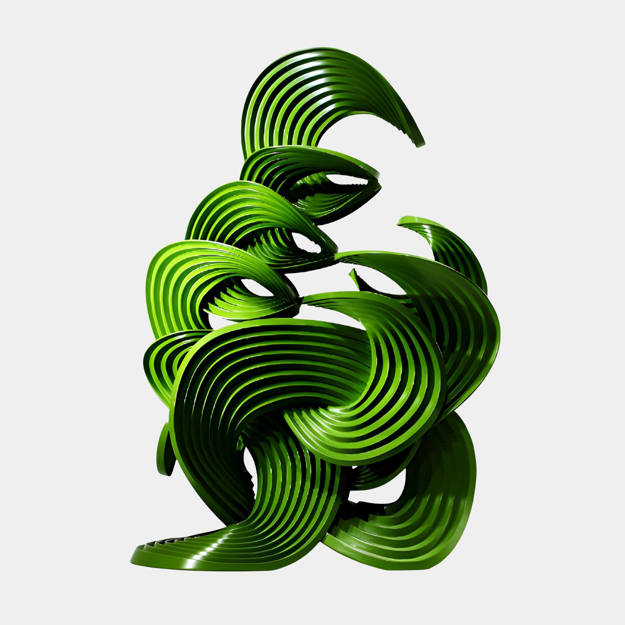 Giant Sculptures Green Concentric Ring Sculpture 76cm, glossy 3D-printed resin with ribbed swirling bands curling upward, shown on a plain white background.