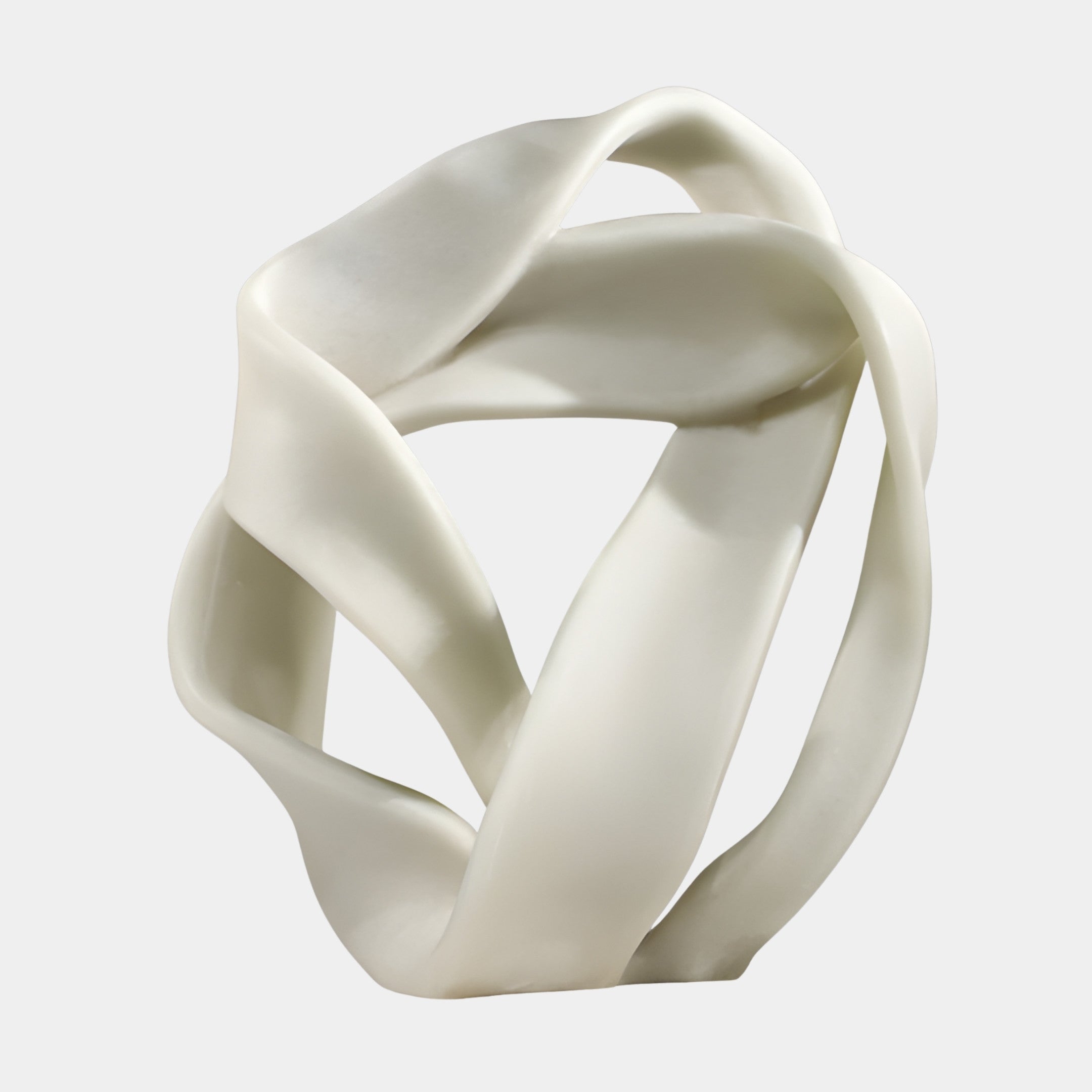 White Abstract Interlocking Ribbon Sculpture from Giant Sculptures, 35cm fibreglass piece with smooth matte cream ribbons twisting into continuous loops on a plain background.
