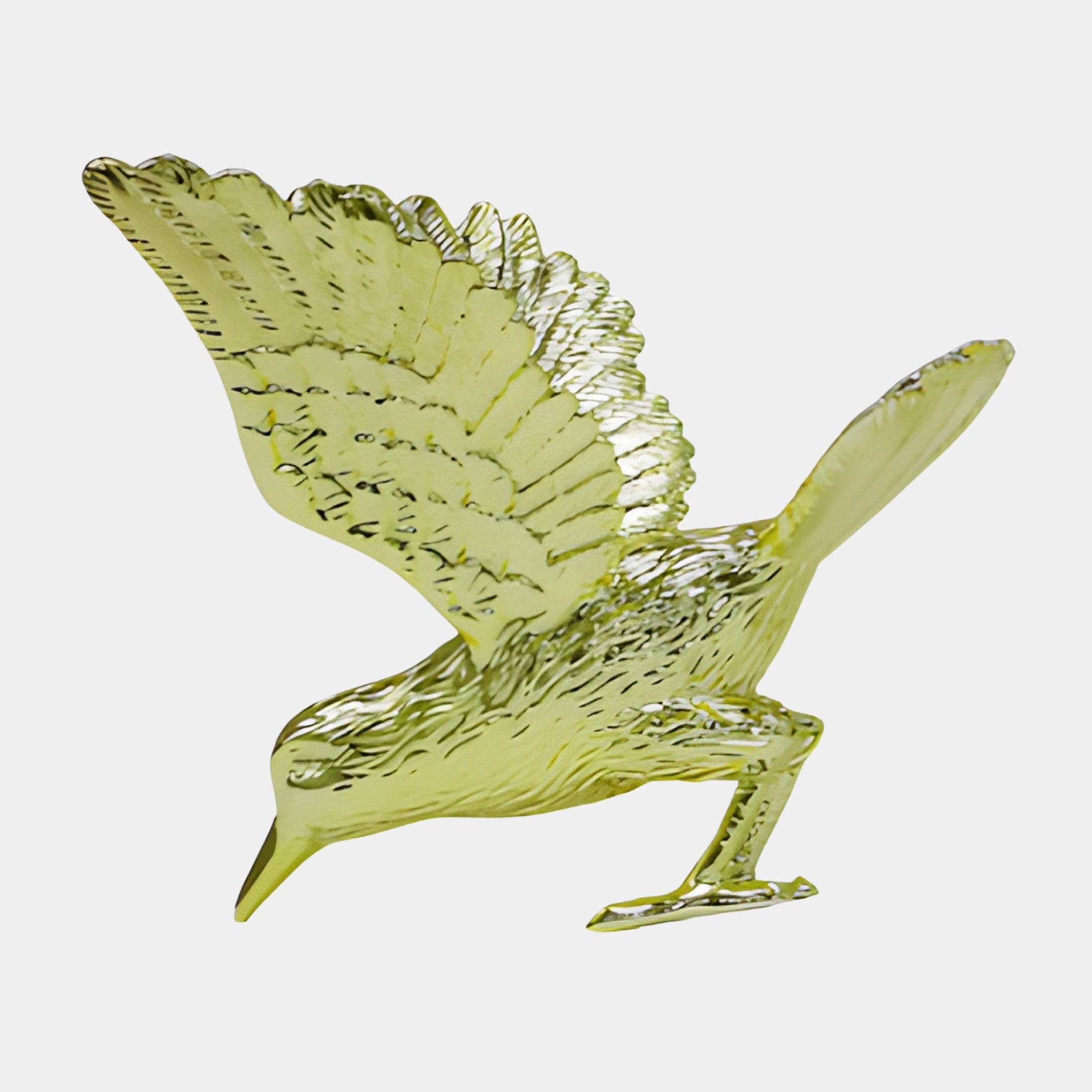 Gold Abstract Flying Crane Sculpture by Giant Sculptures, 16cm electroplated resin bird with raised wings and lifelike feather detail on a plain background.