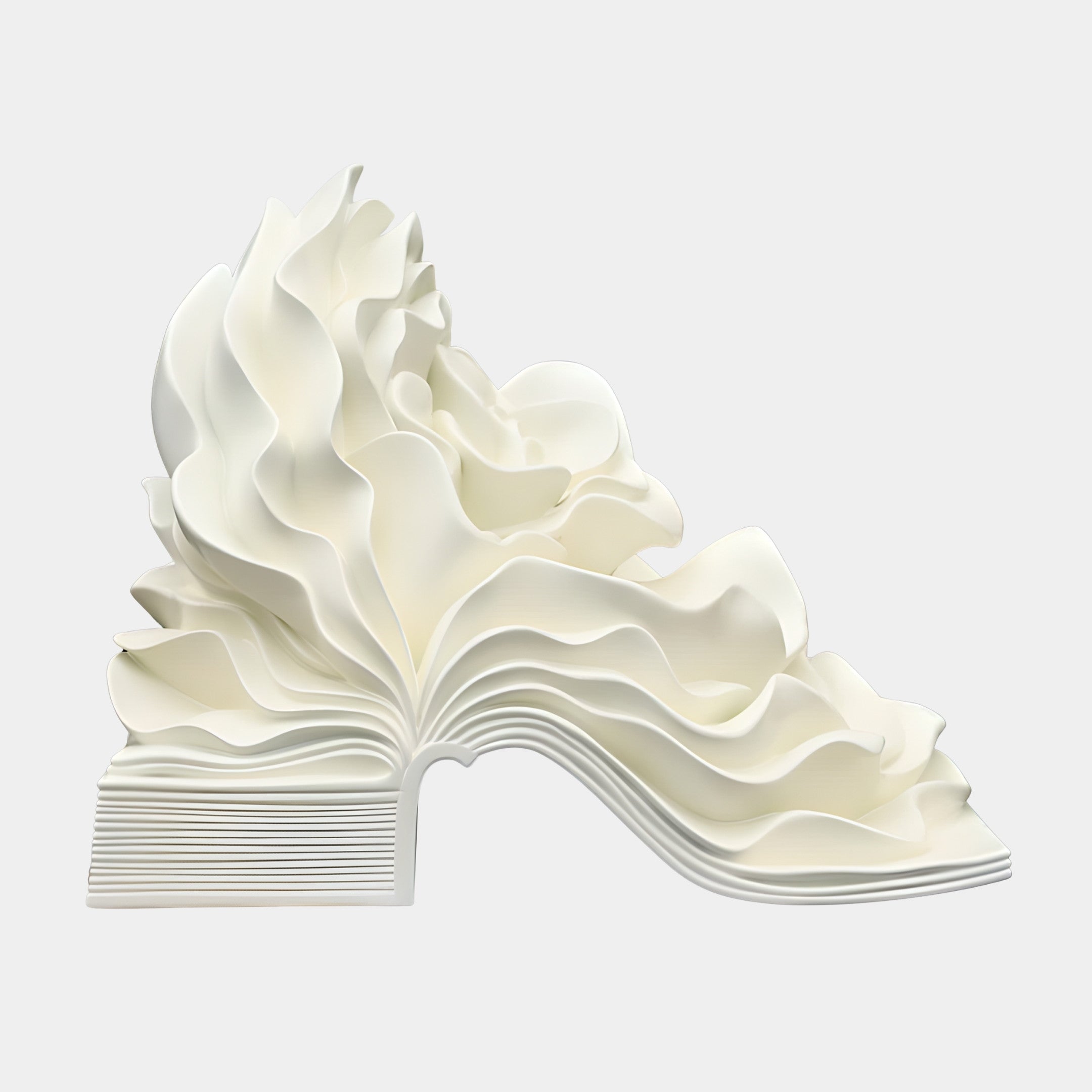 Giant Sculptures White Abstract Open Book Bloom Sculpture in matte 3D-printed resin, pages billowing upward into ruffled petals, shown on a plain background.