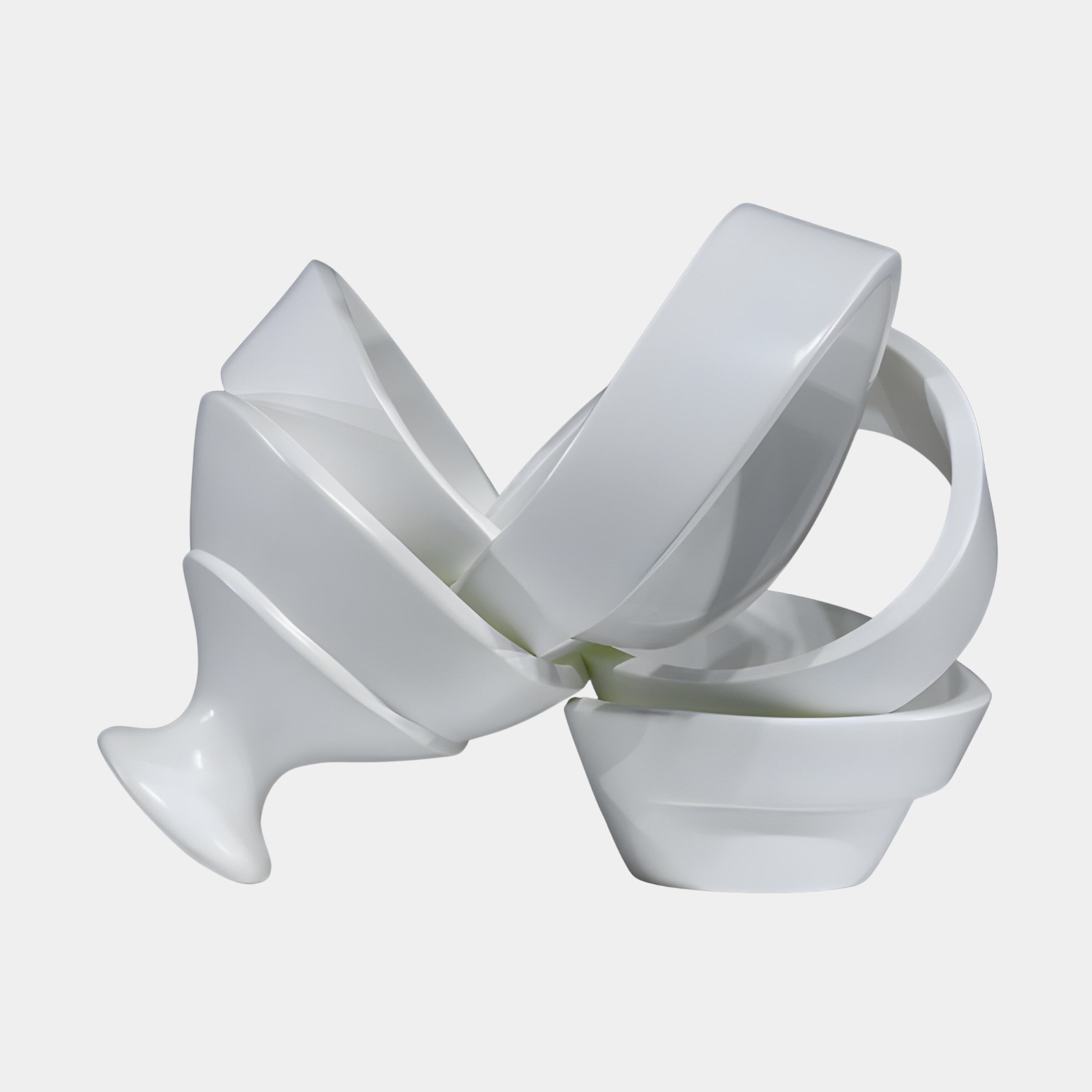 White Abstract Intertwined Ribbon Sculpture by Giant Sculptures, 47cm, with twisting looped bands in a smooth 3D-printed resin finish on a plain background.