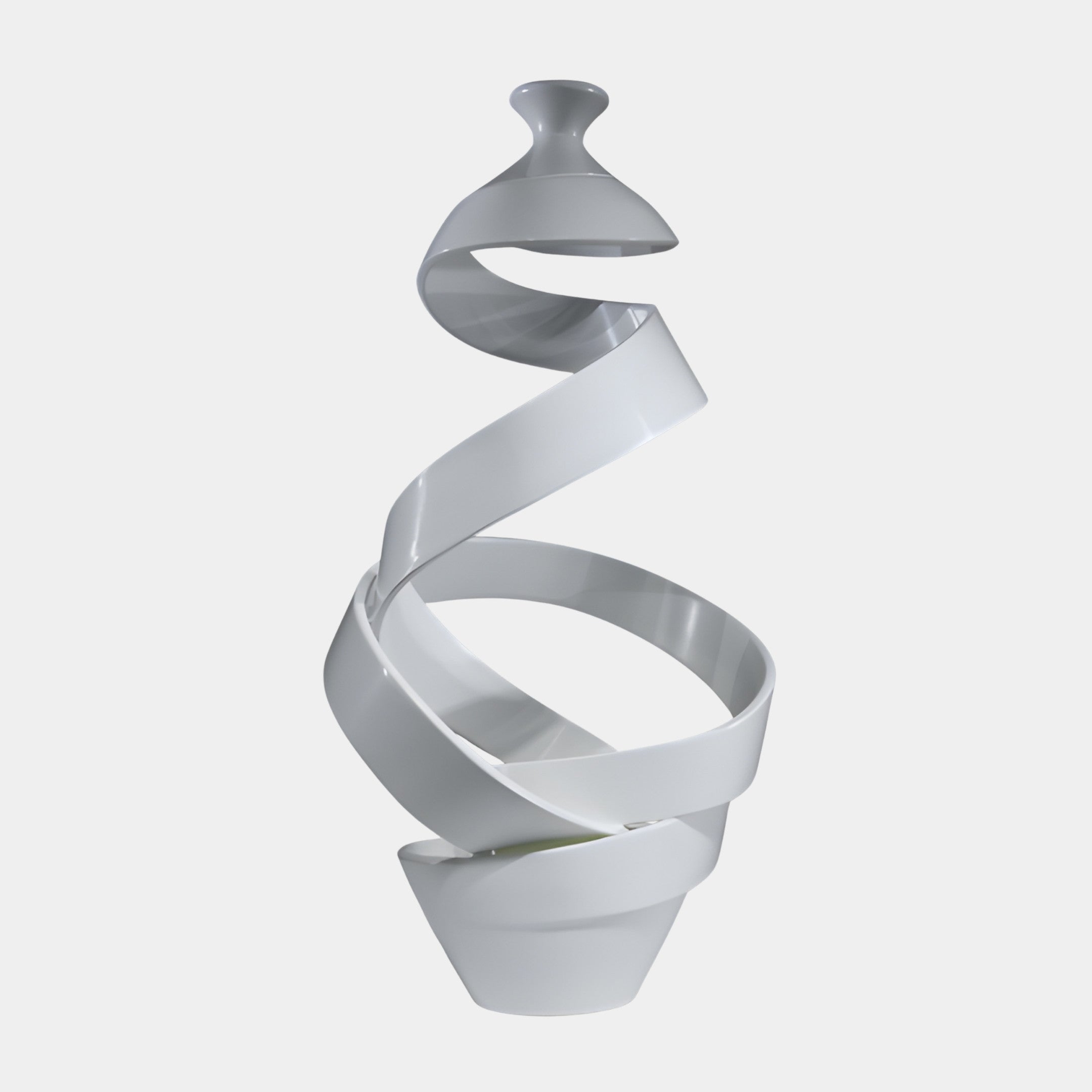 White Abstract Flowing Spiral Sculpture by Giant Sculptures, 89cm, shown against a plain light background with a ribbon coiling from a flared base to a finial crown.