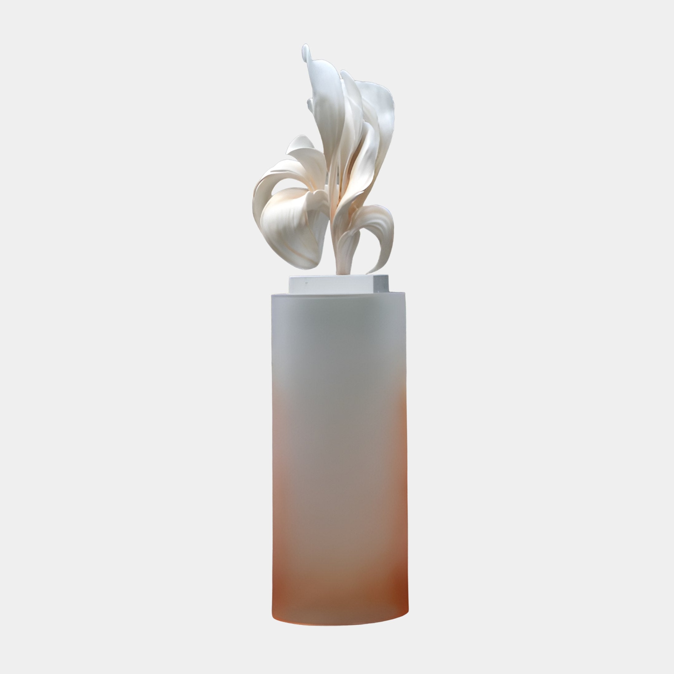 Giant Sculptures White Frosted Glass Column Sculpture 186cm, a 3D-printed resin bloom on a tall frosted acrylic column fading from white to peach-orange.