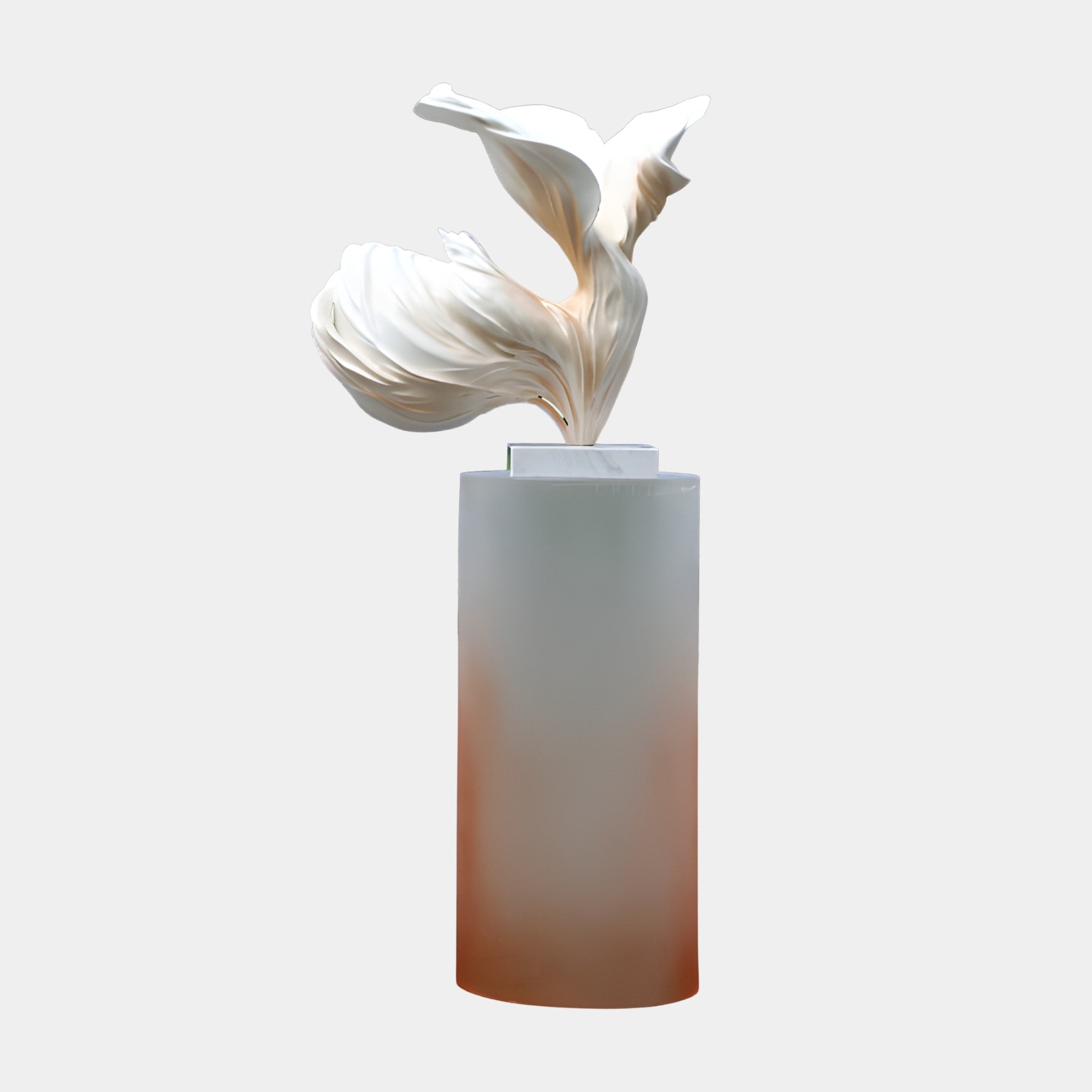 White Flowing Form sculpture by Giant Sculptures in 3D-printed resin, with sweeping petal-like crest atop a tall frosted acrylic column shading to amber.