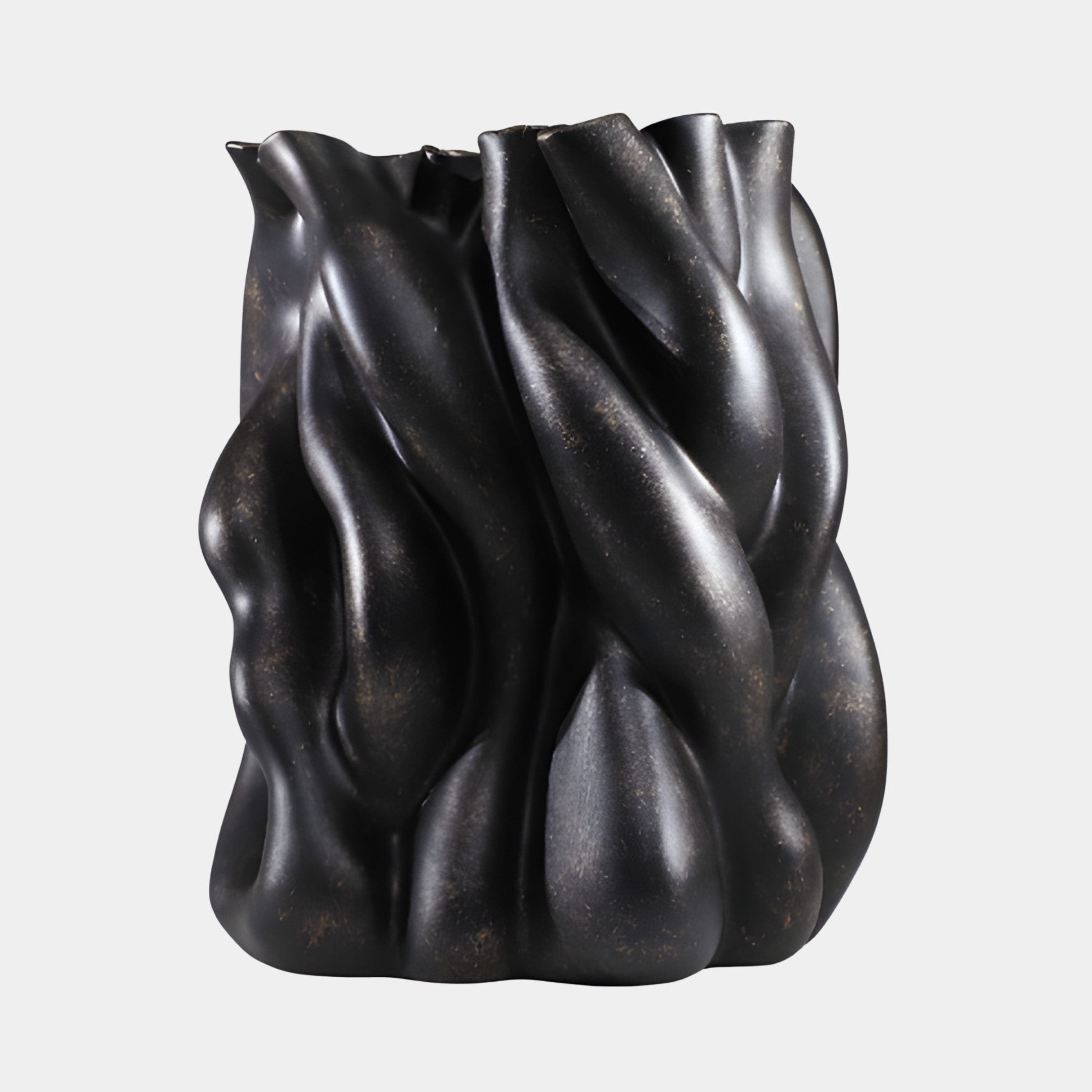 Giant Sculptures Black Abstract Flowing Flame Vase in 3D-printed resin with twisting matte black folds and bronze flecks, 40cm, shown on a plain background.