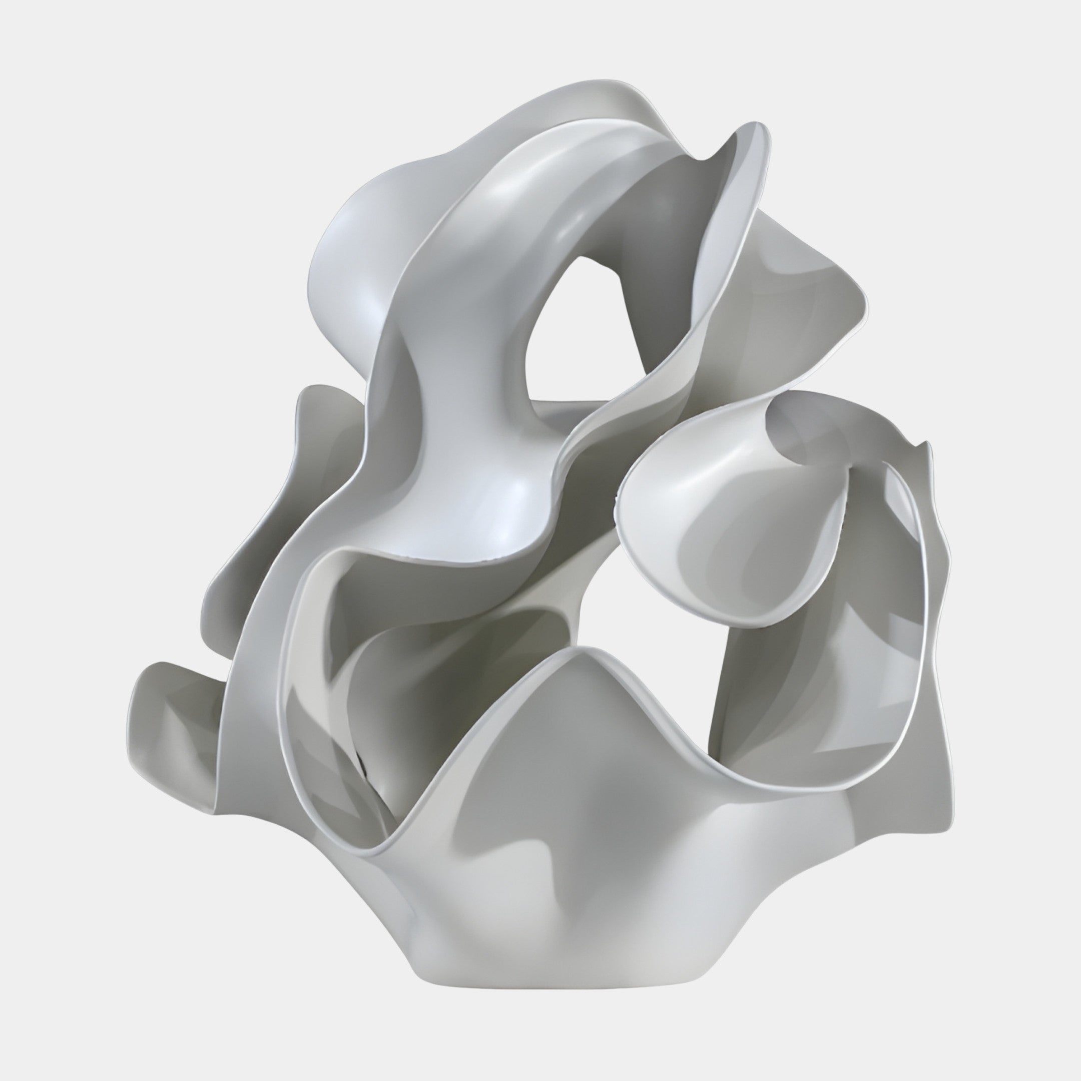 Giant Sculptures White Abstract Organic Cluster Sculpture, 45cm, glossy 3D-printed resin with furled, hollow blooming forms, shown against a plain light background.
