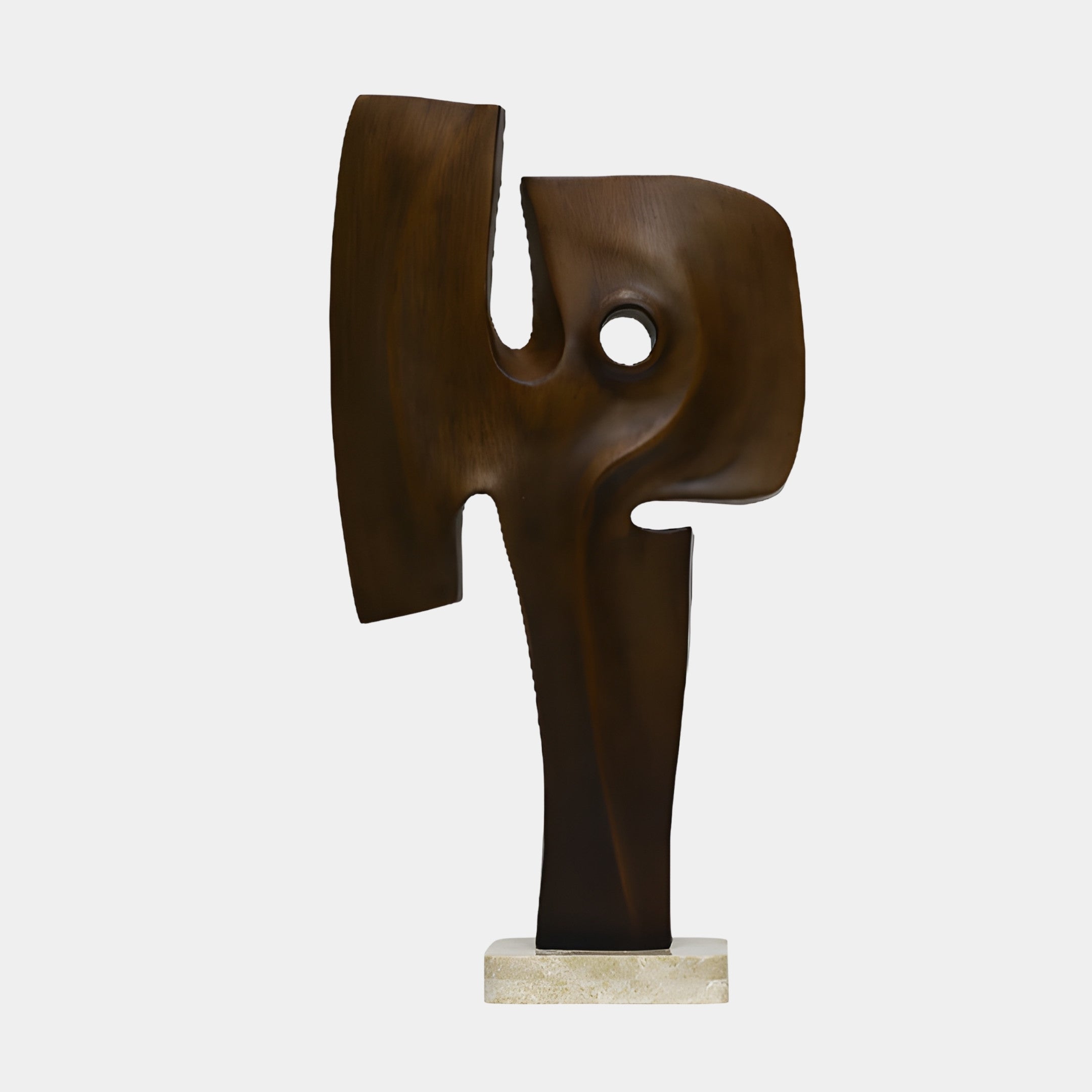 Brown Abstract Figure on Stone Base Sculpture by Giant Sculptures, 54cm, with wood-grained biomorphic curves and a pierced opening, shown against a plain background.