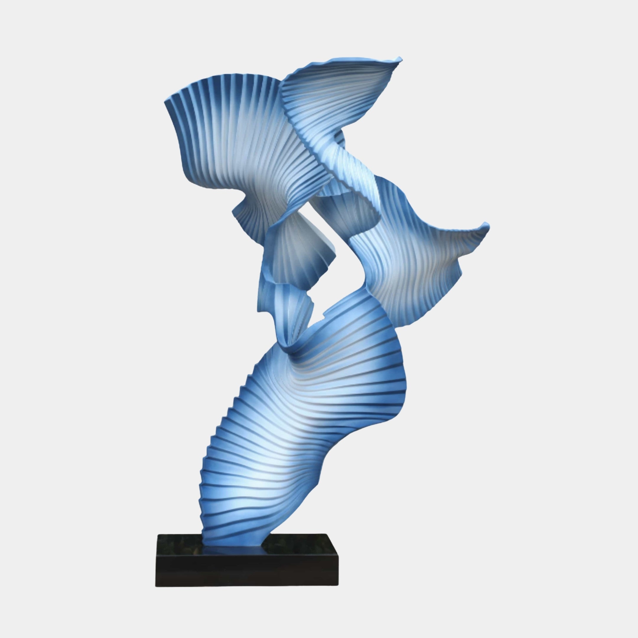 Blue Abstract Flowing Petal Trio Sculpture by Giant Sculptures, three pleated petal forms in soft blue with ribbed texture rising from a black marble base.