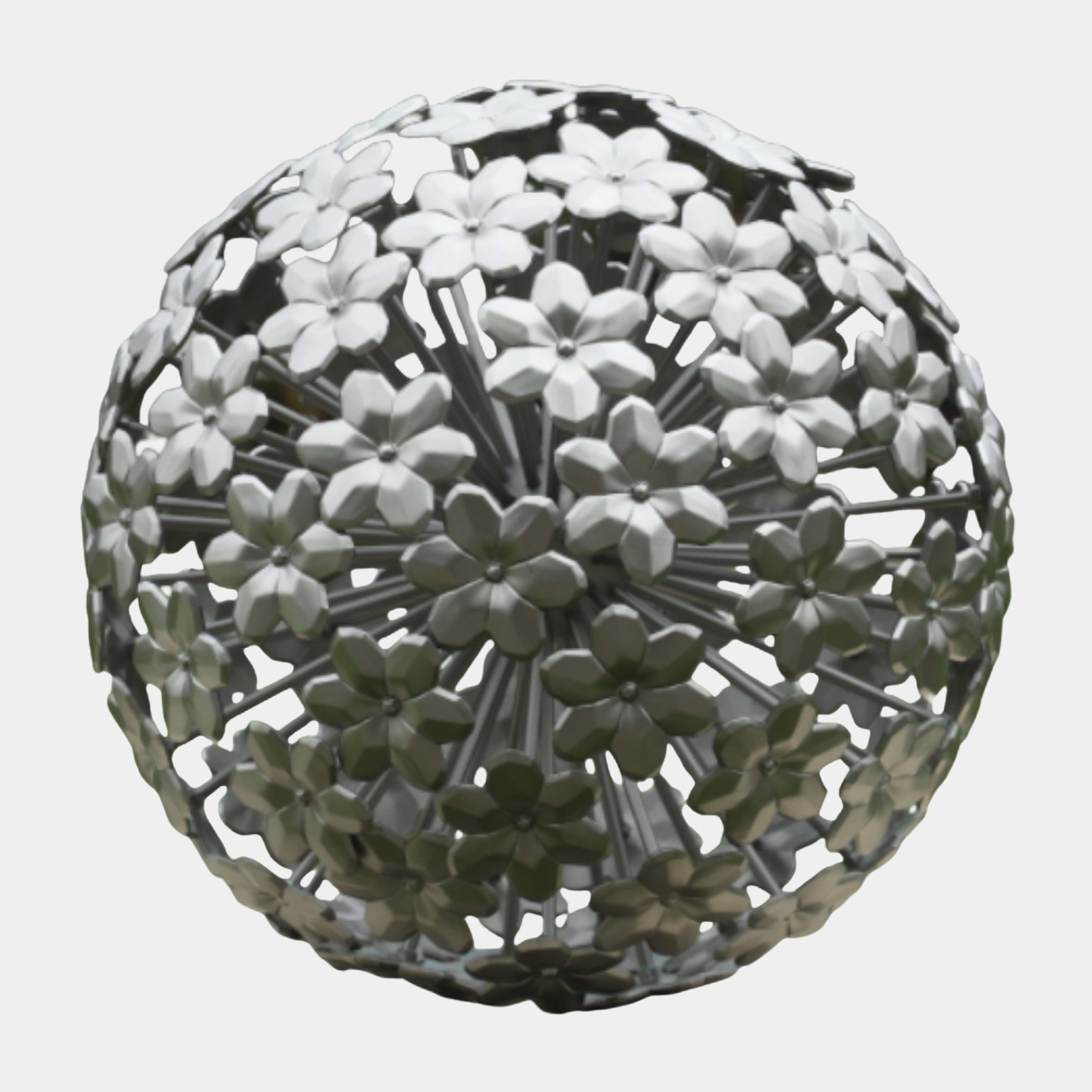 Giant Sculptures Silver Floral Sphere Sculpture 40cm, a 3D-printed resin pomander of five-petalled flowers on slender spokes in polished silver, on a plain background.