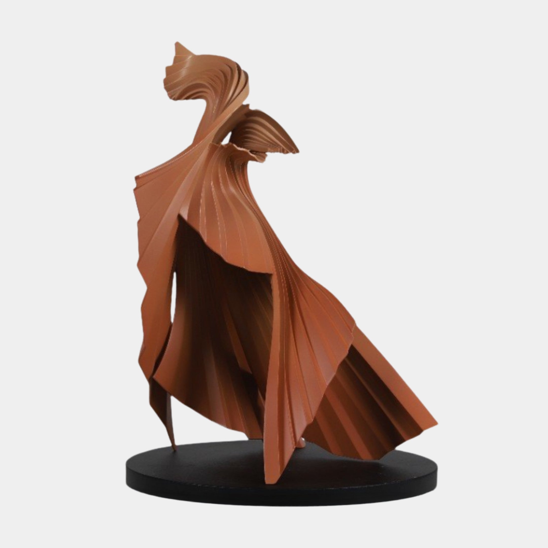 Giant Sculptures Brown Abstract Walking Figure Sculpture 63cm in 3D-printed terracotta resin with pleated flowing folds, on a round black base against white.
