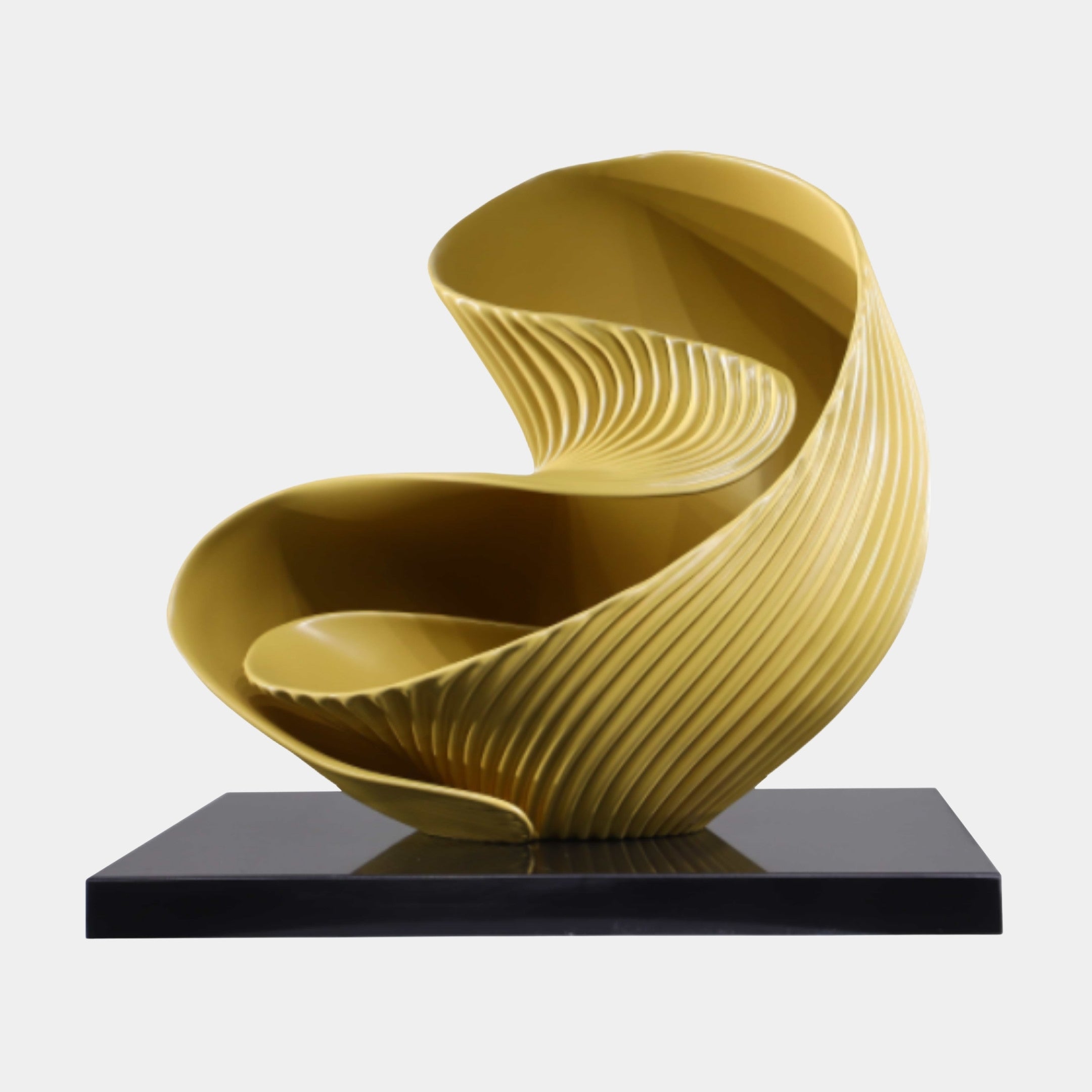 Giant Sculptures Gold Striped Abstract Wave Sculpture in 3D-printed resin, curling shell-like form with ribbed texture on a black marble base.