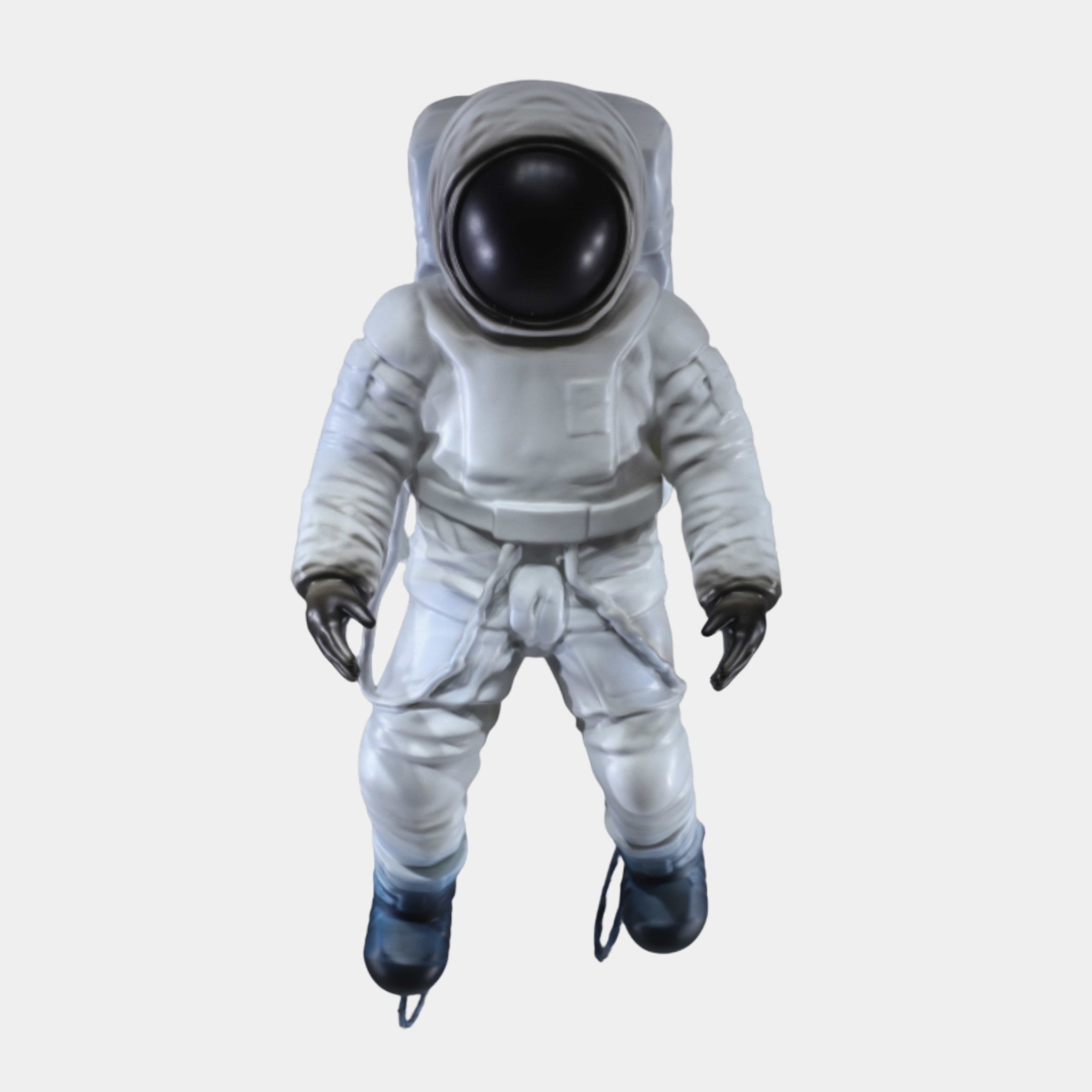 Giant Sculptures White Astronaut Figure Standing Sculpture 54cm in a 3D-printed resin spacesuit with glossy black visor, gloves and boots, on a plain background.
