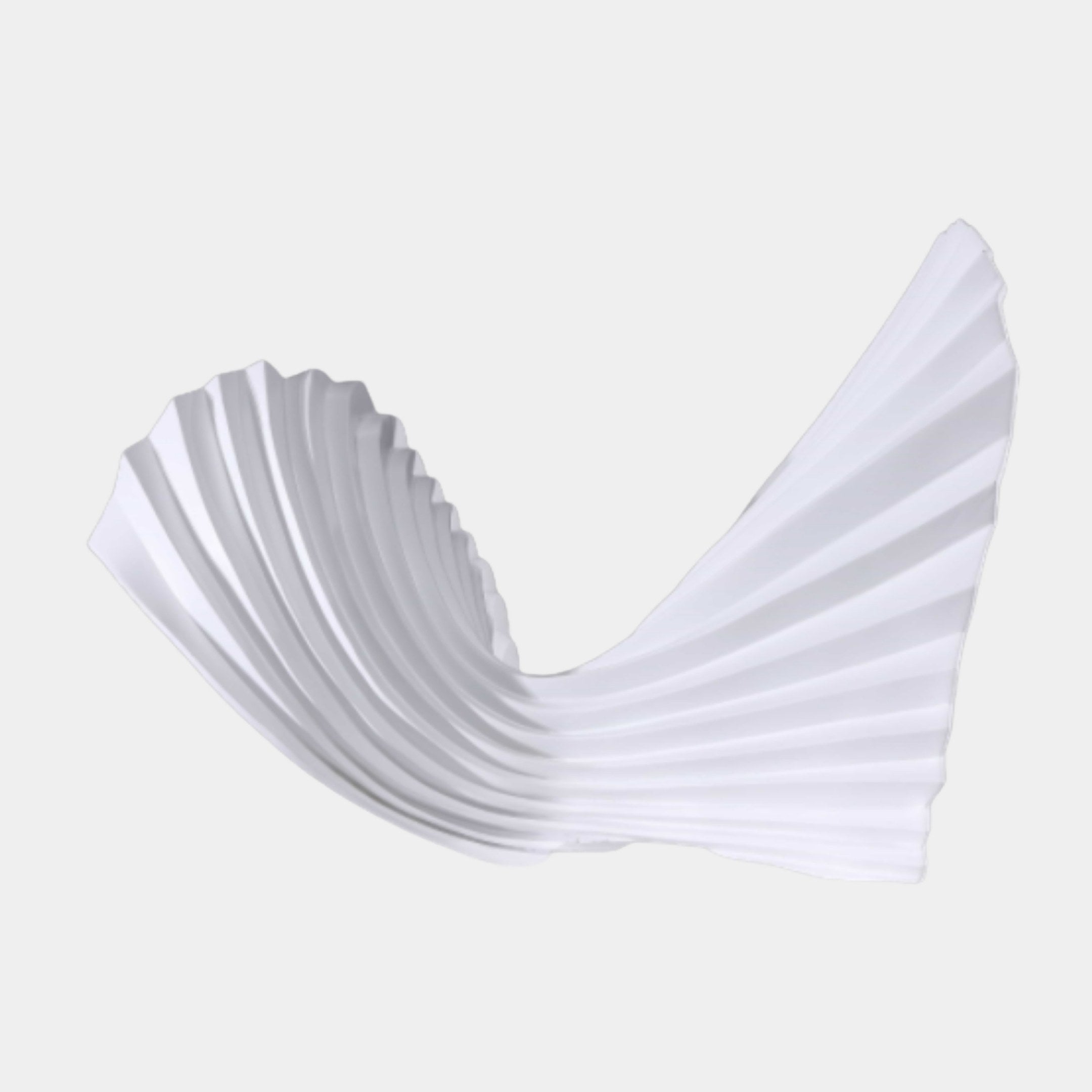 White Flowing Ribbon Form Sculpture by Giant Sculptures, a 57cm 3D-printed resin piece with finely pleated ridges twisting mid-air, shown on a plain light background.
