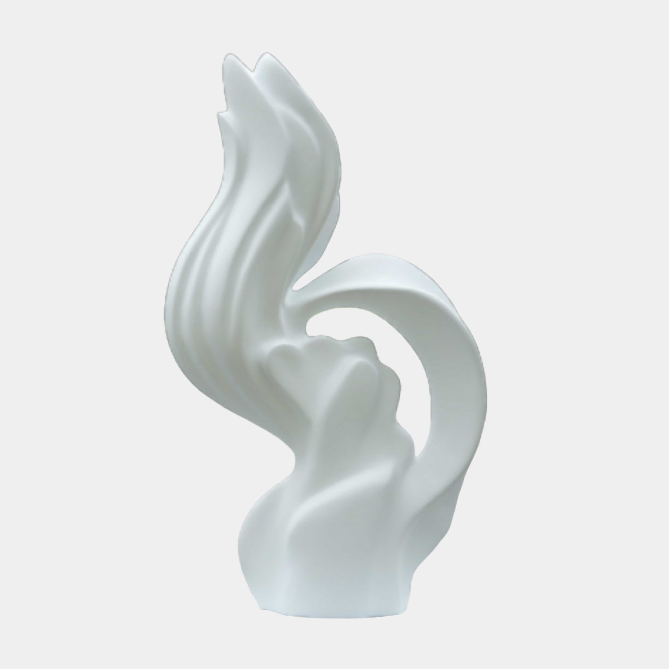 White Abstract Swan Pair Sculpture by Giant Sculptures, 95cm fibreglass piece with flowing matte flame-like curves, shown against a plain light background.