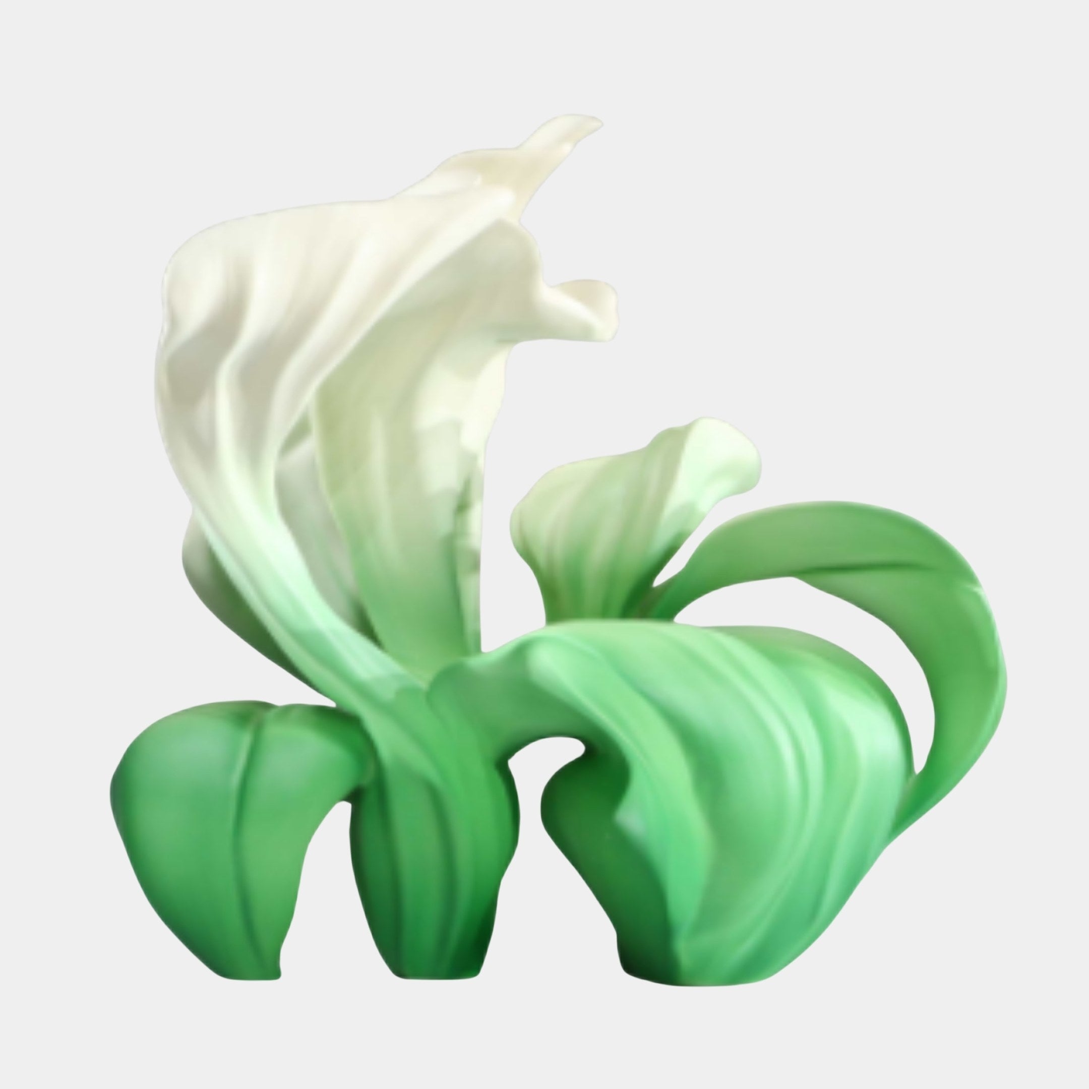 Giant Sculptures Green Abstract Calla Lily Group Sculpture in matte fibreglass, with furled petals flowing from deep green bases to white tips, on a plain background.