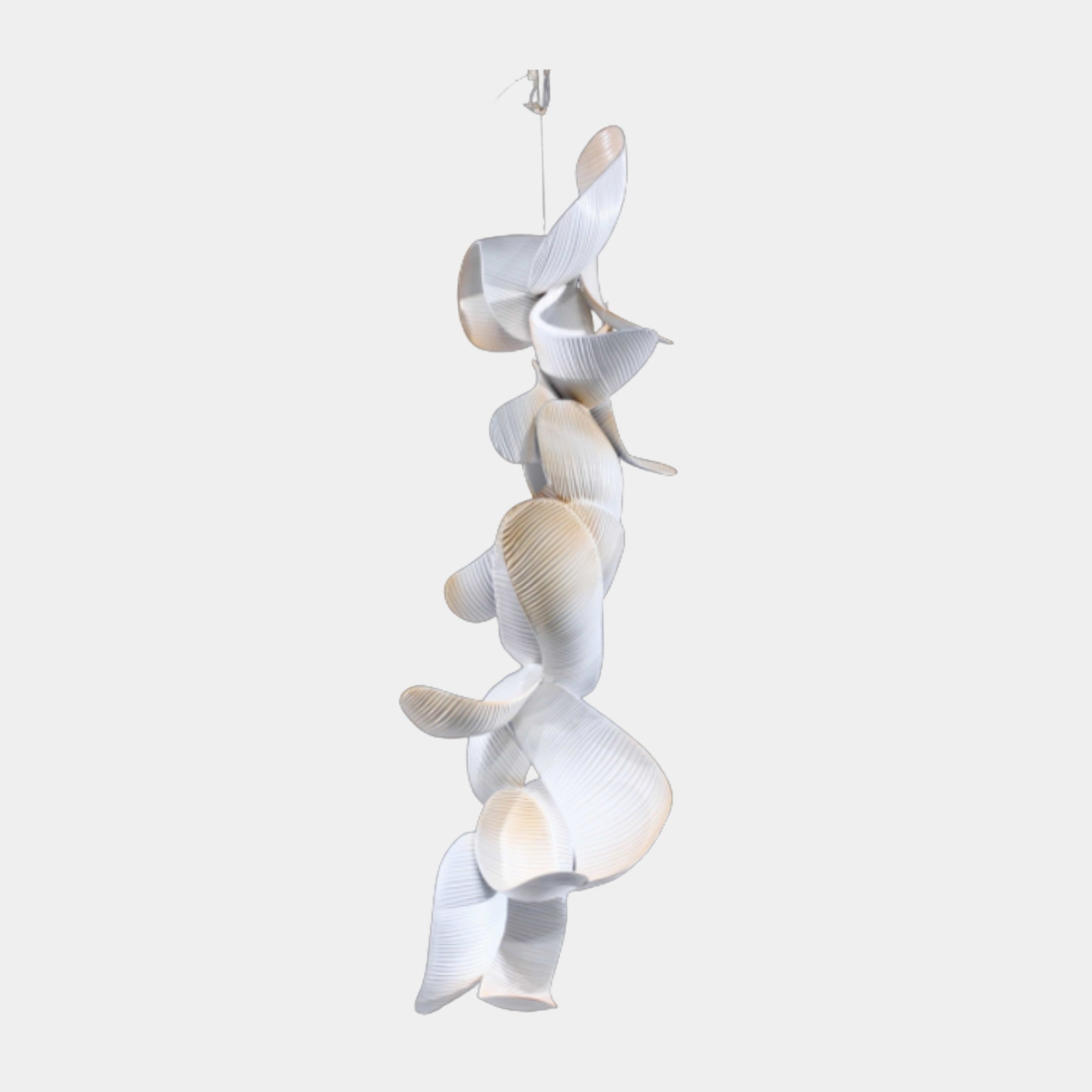 White Cascading Pleated Mobile Sculpture 165cm by Giant Sculptures, suspended 3D-printed resin form with ribbed pleated curls spiralling down against a plain background.