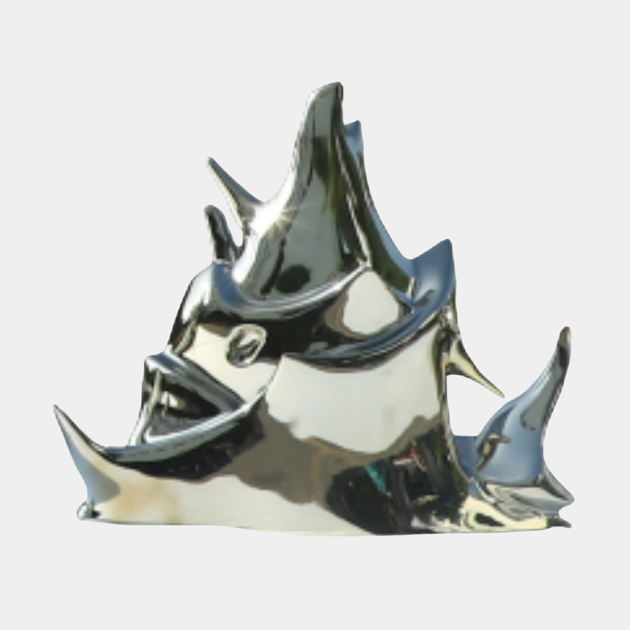 Silver Abstract Rhinoceros Small Sculpture by Giant Sculptures, shown in side profile with faceted angular planes and a mirror chrome finish on a plain background.