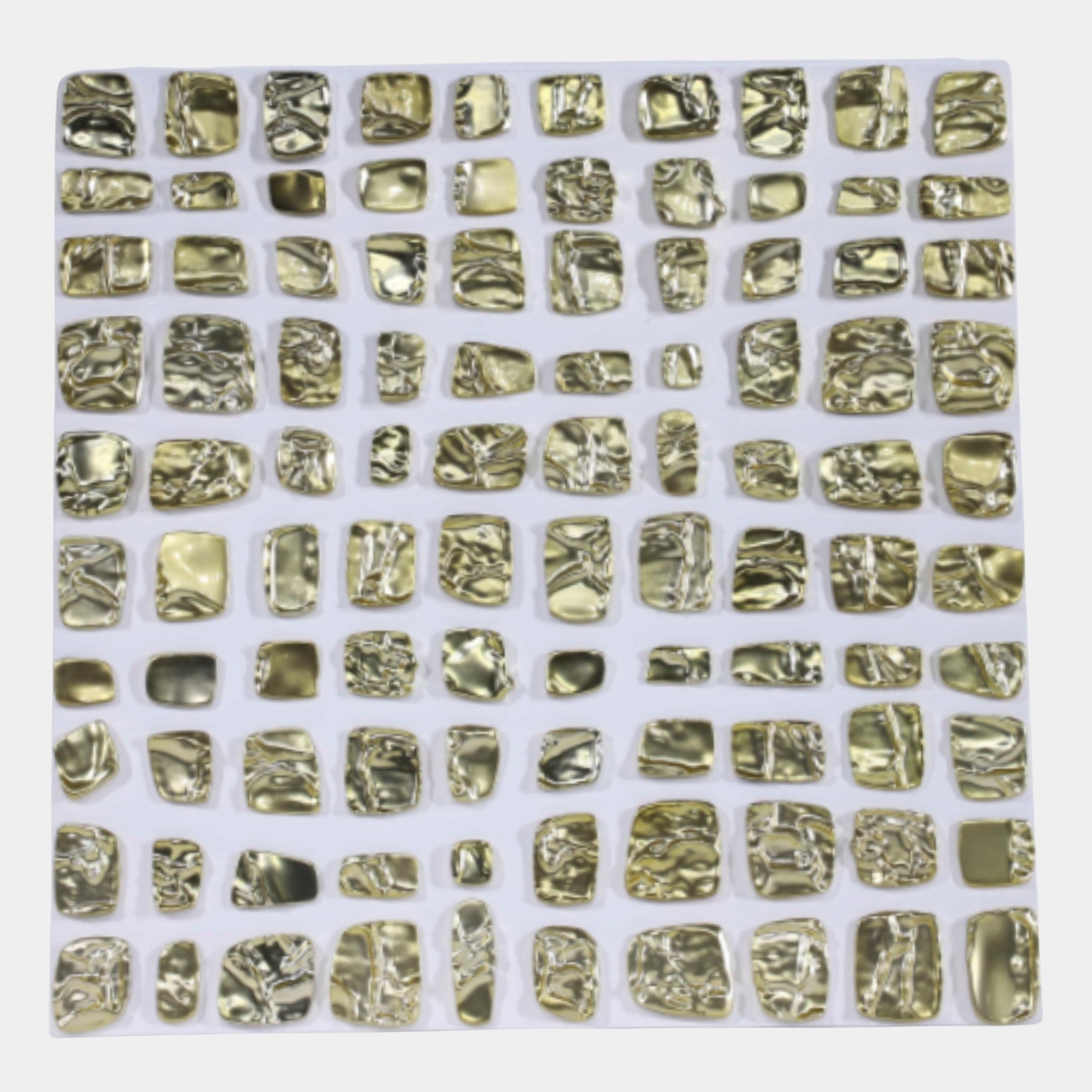 Giant Sculptures Gold Abstract Tile Wall Art Panel Sculpture 70cm, a grid of glossy hammered gold resin tiles with rippled metallic surfaces, on a white background.