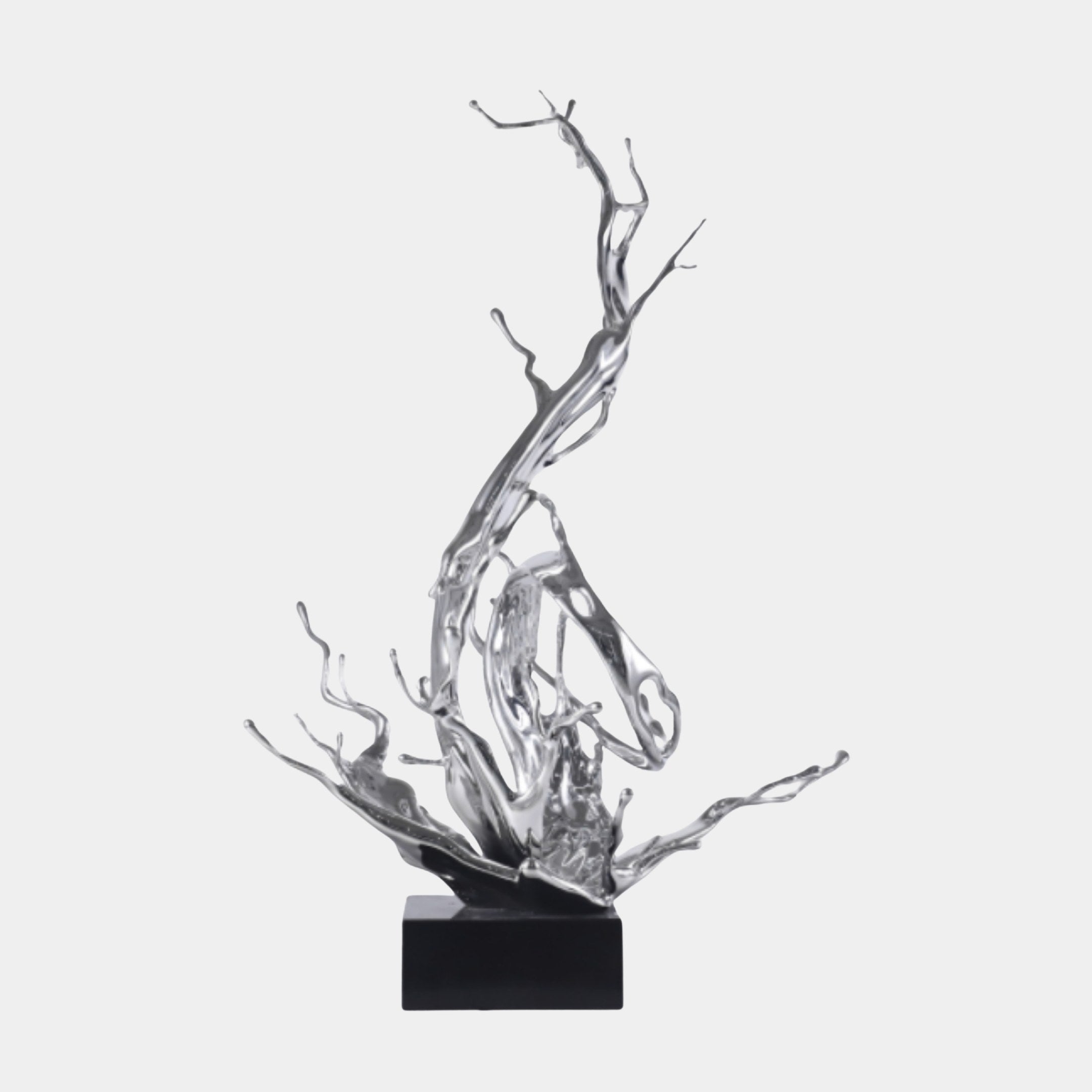 Silver Abstract Branch Sculpture by Giant Sculptures, 106cm, with chrome-finish resin tendrils rising from a splash form on a black marble base.