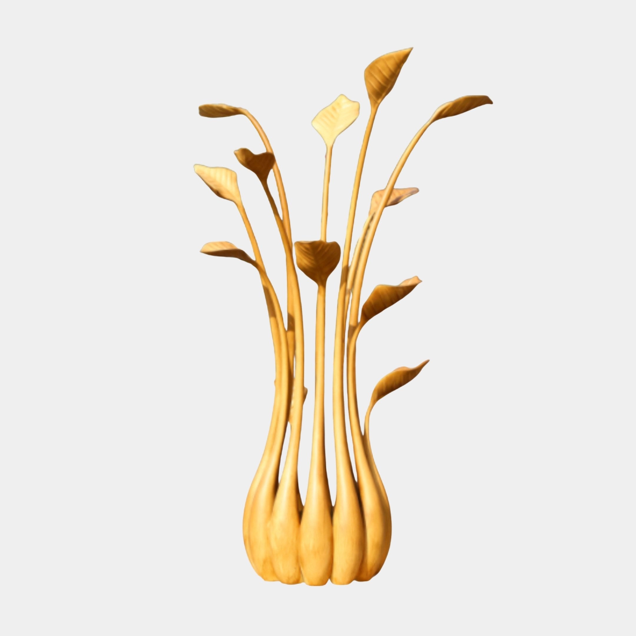 Gold Abstract Lotus Stems Sculpture by Giant Sculptures, 190cm tall 3D-printed resin floor piece with bundled bulbous base and slender stems topped with leaves, on white.