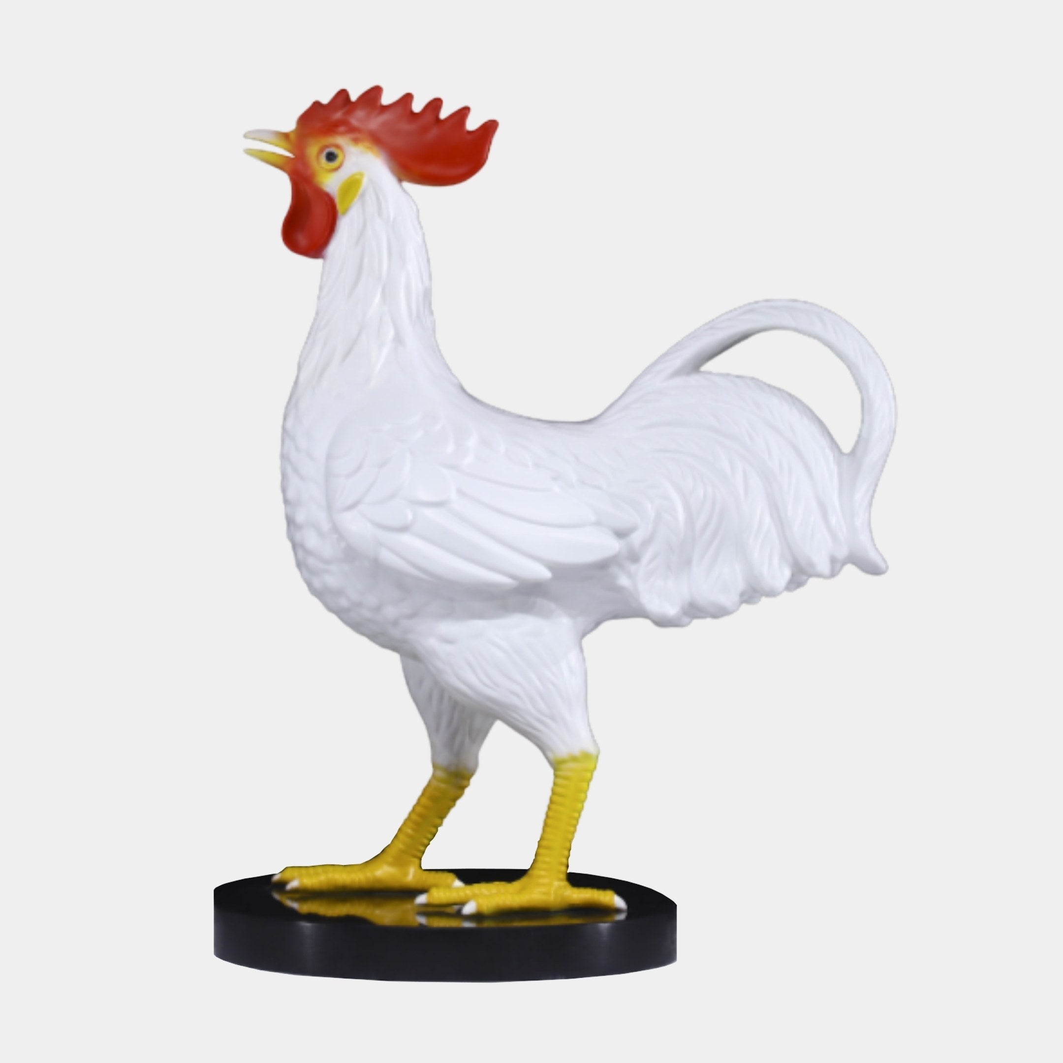 White Rooster Figure Sculpture by Giant Sculptures, 49cm 3D-printed resin bird mid-crow with red comb, yellow legs and beak, on a black round base.