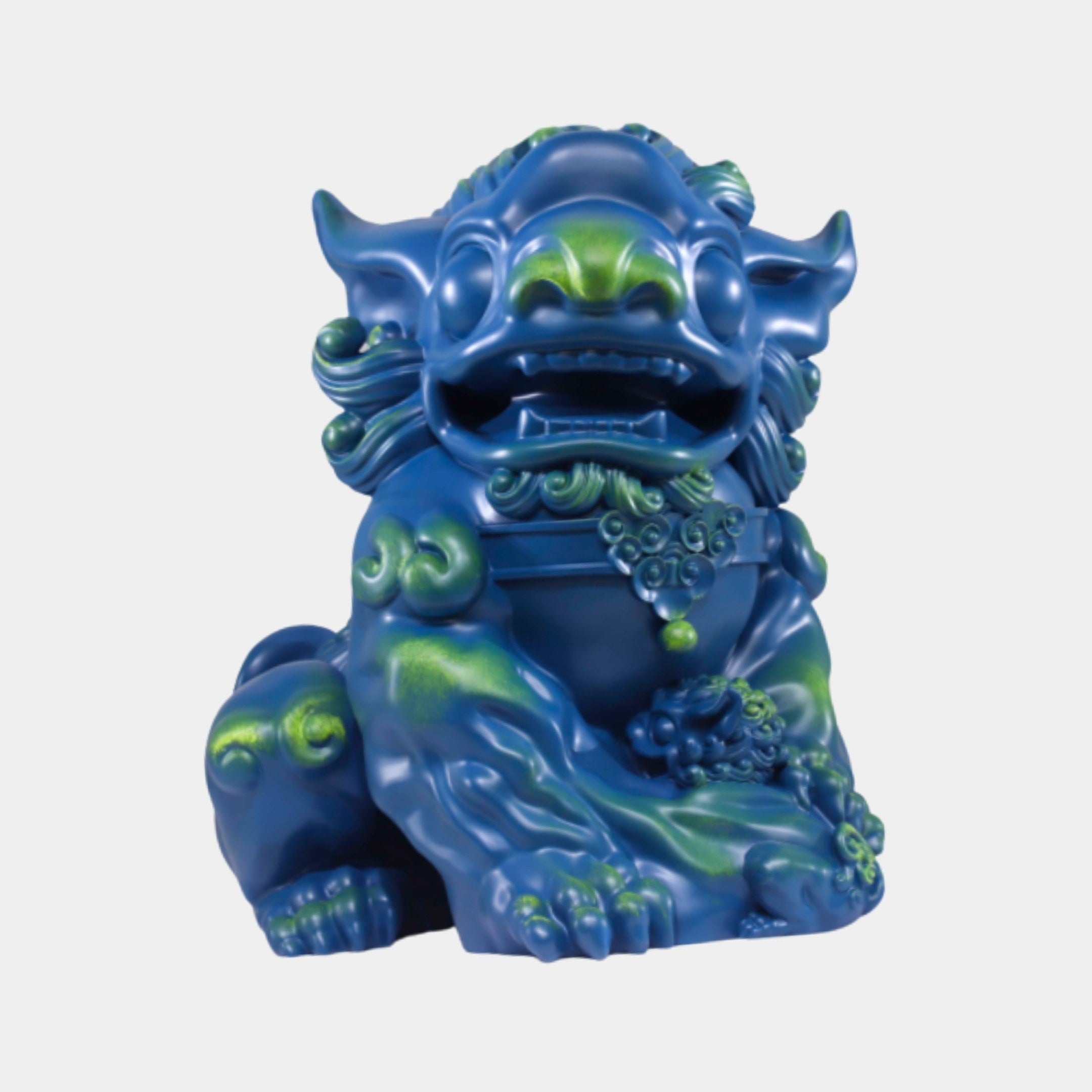 Blue Glazed Chinese Guardian Lion Sculpture by Giant Sculptures, 60cm, seated foo-dog pose with green-washed mane and claws, glossy resin finish on a plain background.