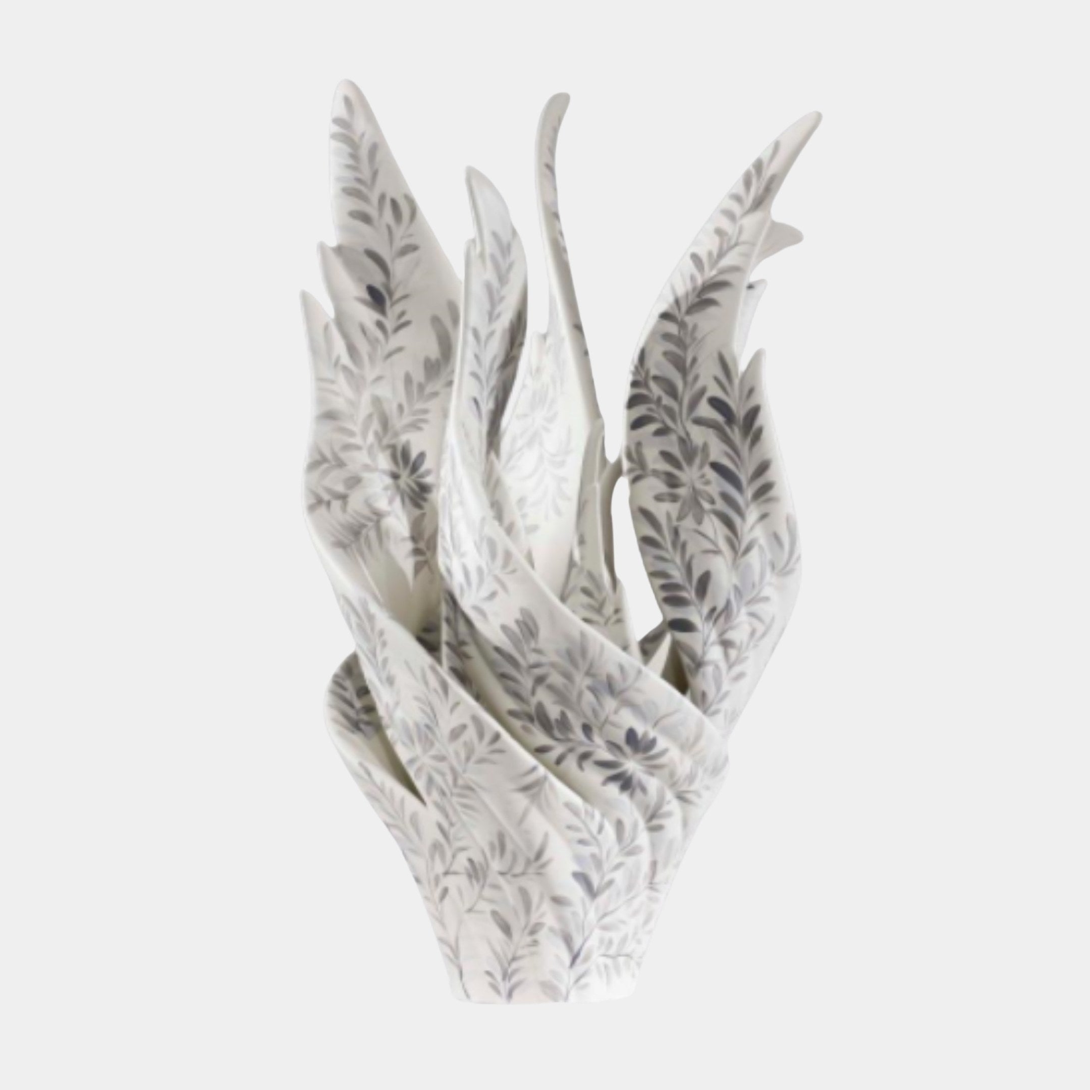 Giant Sculptures White & Grey Patterned Leaf Sculpture 65cm in 3D-printed resin with upright flame-like blades and grey botanical print on a plain background.