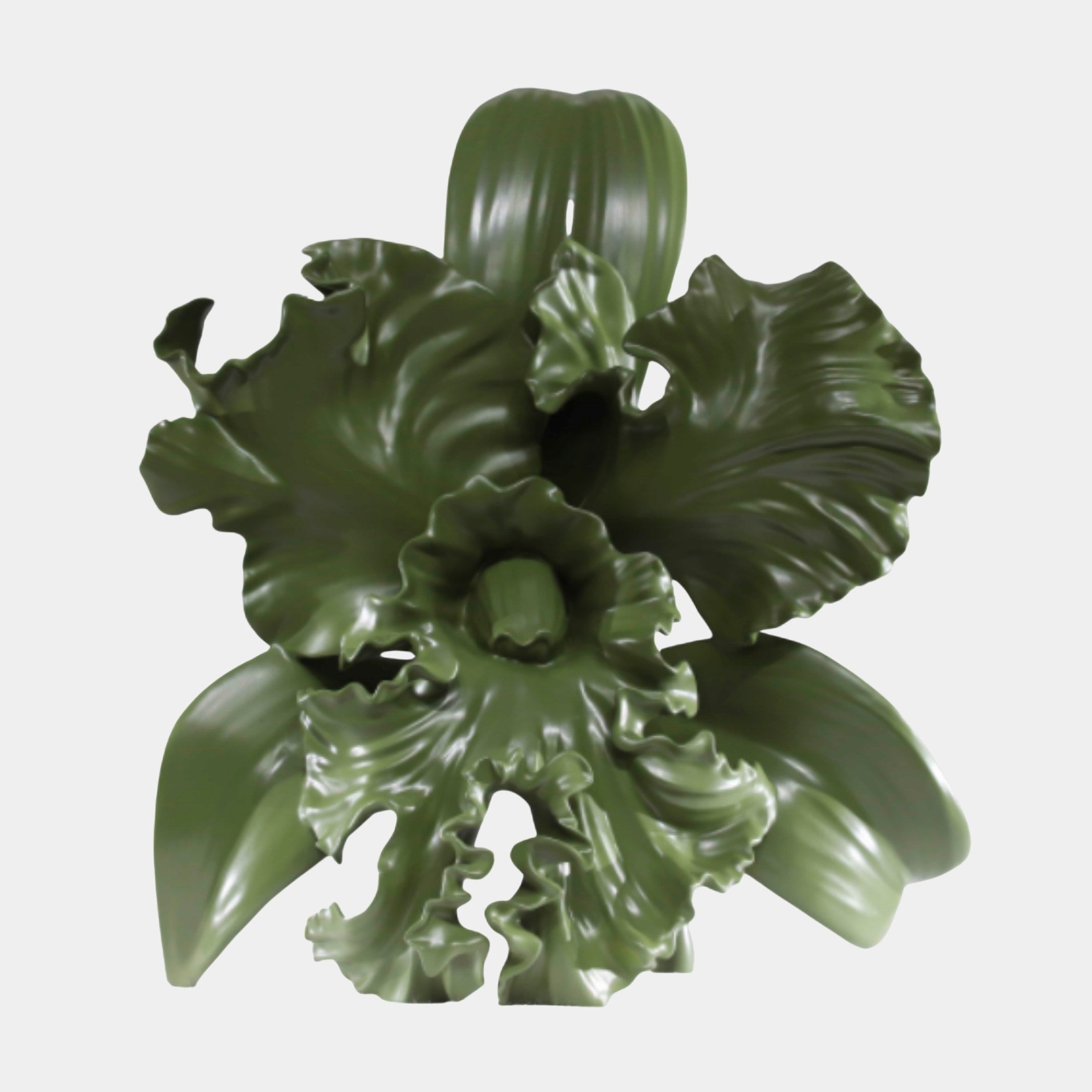Giant Sculptures' 48cm Green Ornate Abstract Flower Sculpture in matte olive 3D-printed resin, shown front-on with ruffled petals unfurling against a plain background.