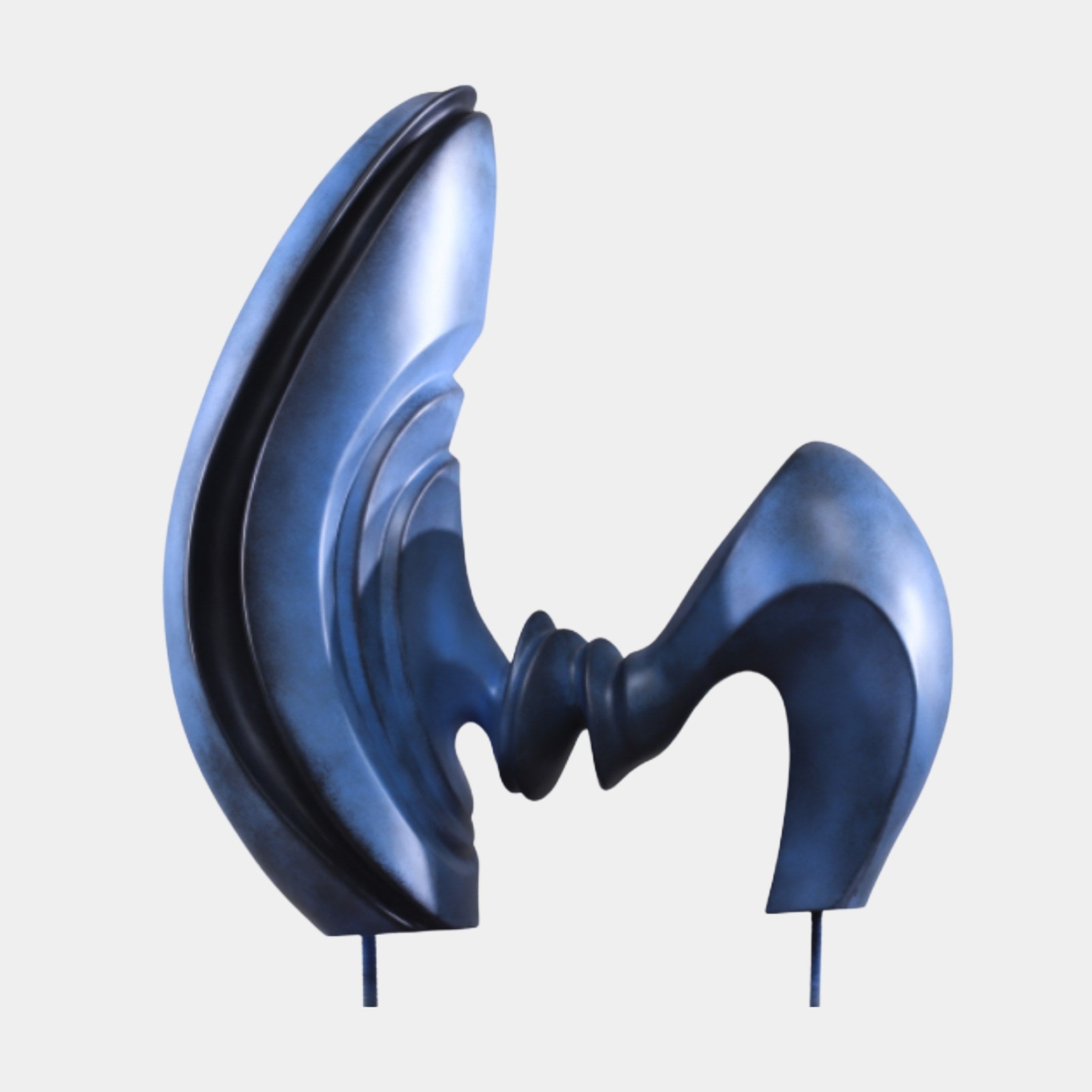 Blue Abstract Flowing Form on Stand Sculpture by Giant Sculptures, 67cm 3D-printed resin piece with sweeping shell-like curves on a slender stand, plain background.