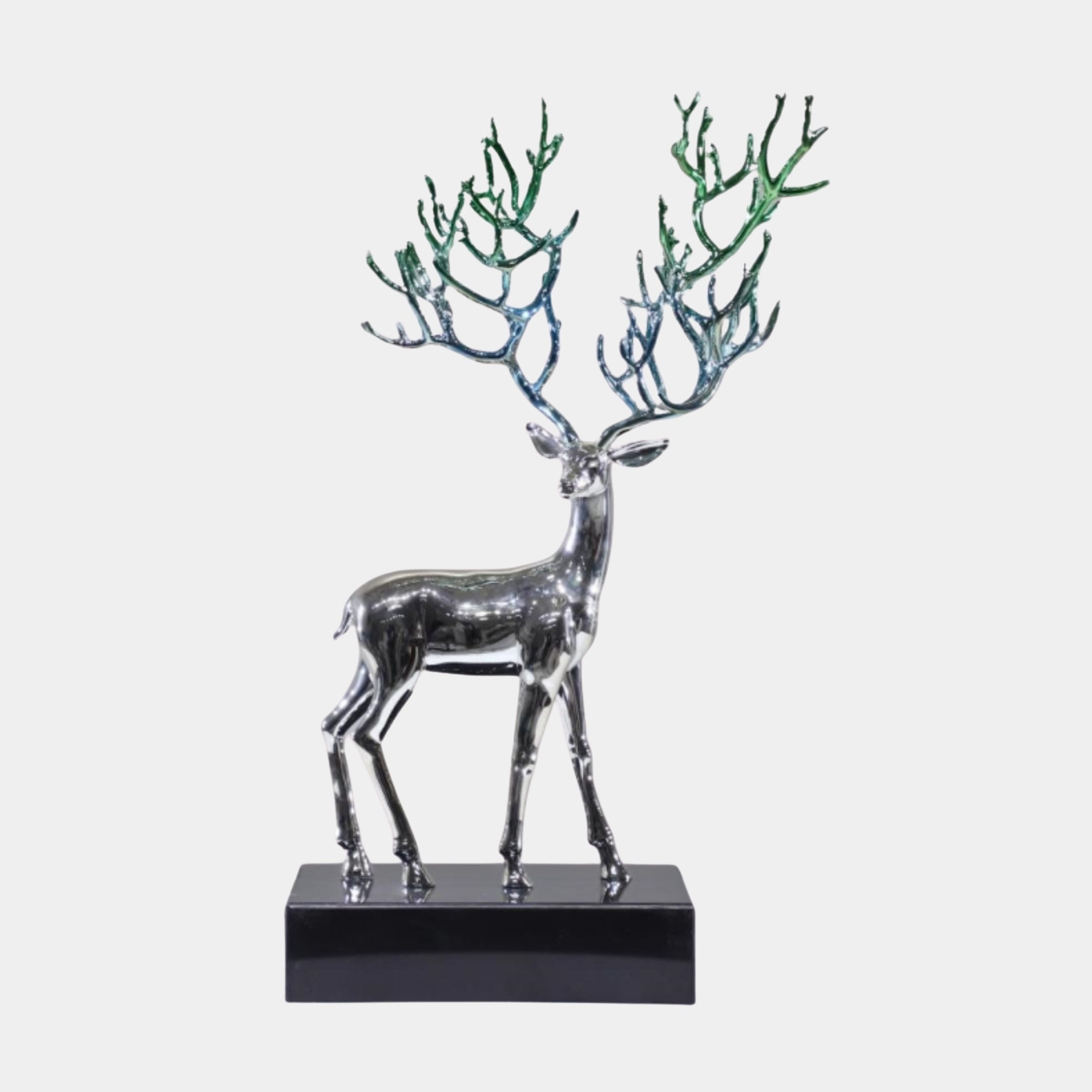 Giant Sculptures' 56cm Silver Deer with Teal Tree Antlers Sculpture, a chrome-finish stag with branching teal-tipped antlers on a black base, shown on a plain background.