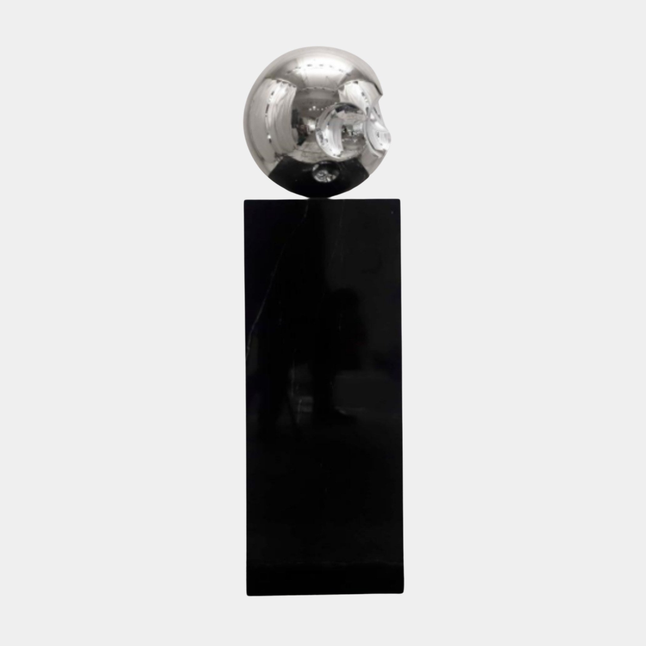 Giant Sculptures Silver Sphere on Black Marble Column Sculpture 140cm, featuring a mirror-finish chrome orb on a tall polished black marble plinth.