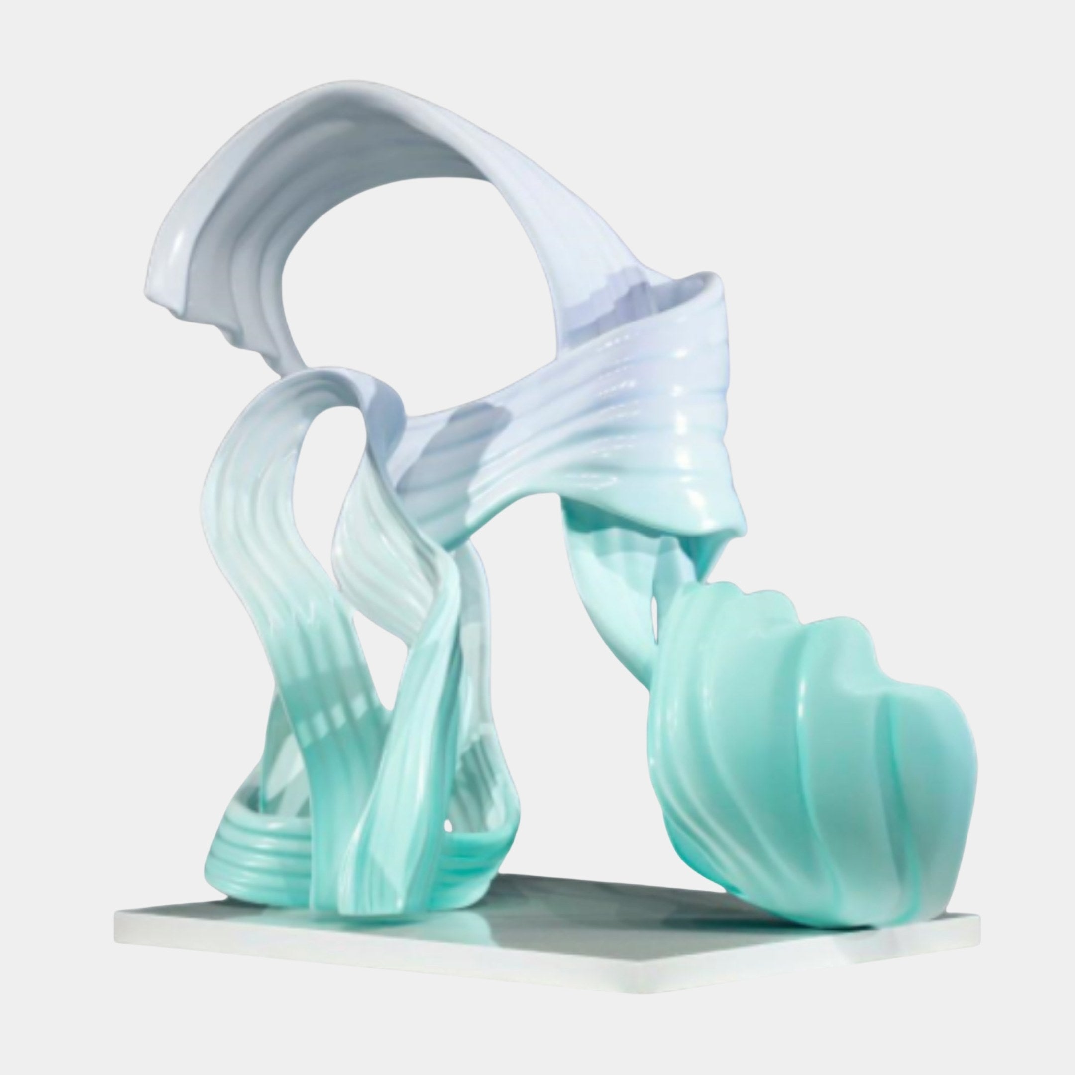 Giant Sculptures Blue and White Abstract Flowing Fish Pair Sculpture in 3D-printed resin, with pleated ribbon-like curves fading from pale blue to mint on a white base.