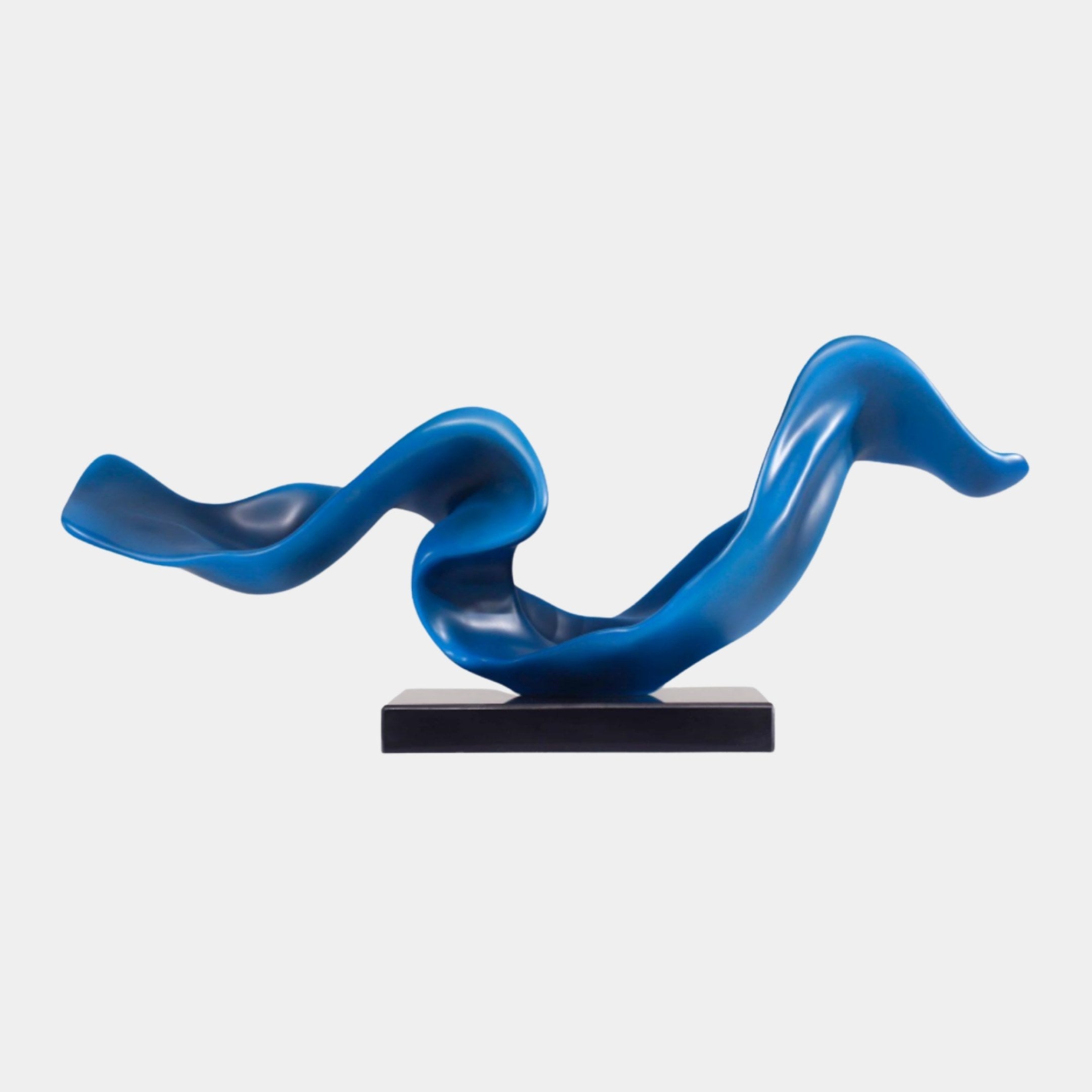 Blue Abstract Wave Form Sculpture 65cm by Giant Sculptures, a 3D-printed resin ribbon curving in fluid waves on a black marble base, shown on plain white.