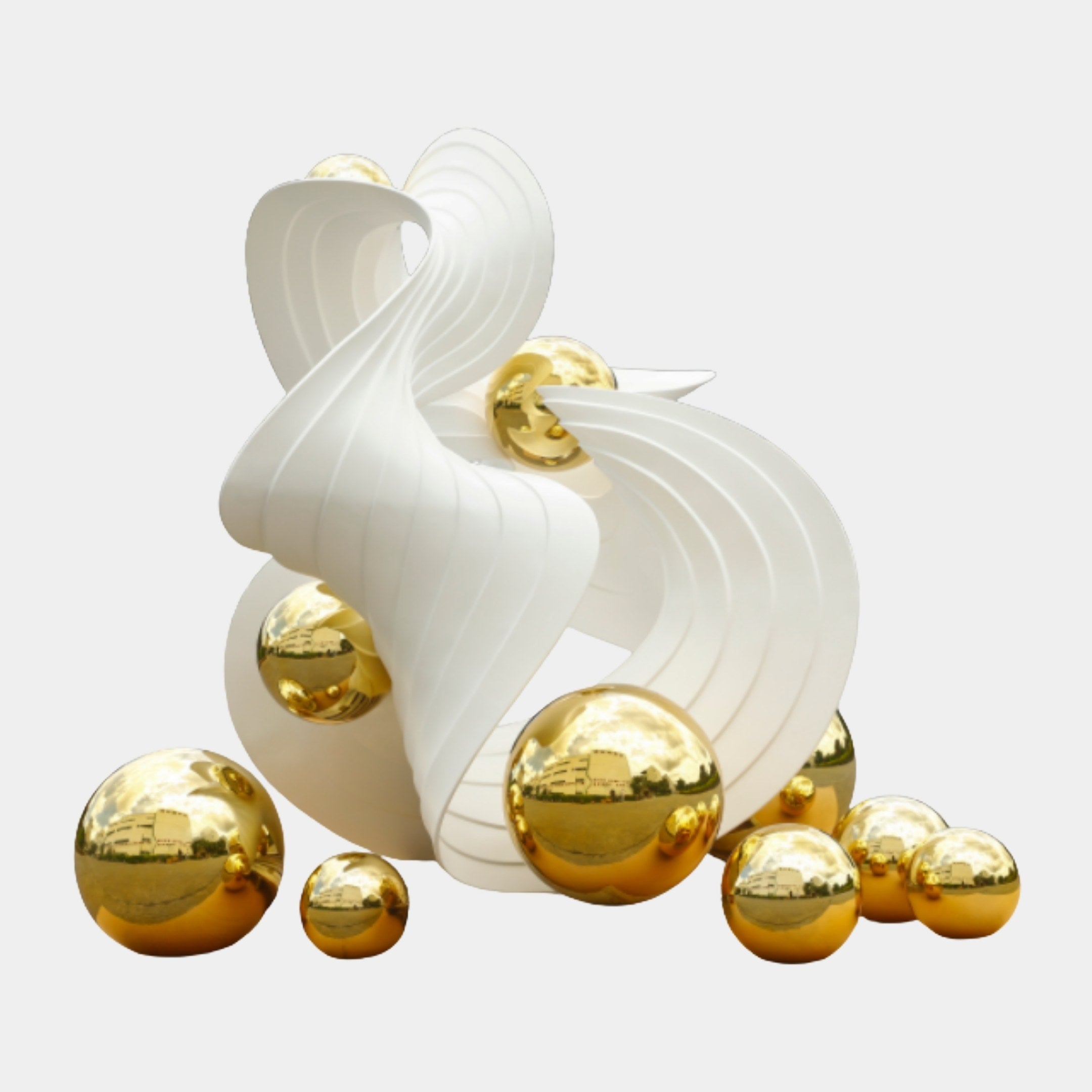 White and Gold Abstract Elephant Sculpture by Giant Sculptures, 200cm, with ribbed swirling white curves and scattered mirror-gold spheres on a plain background.
