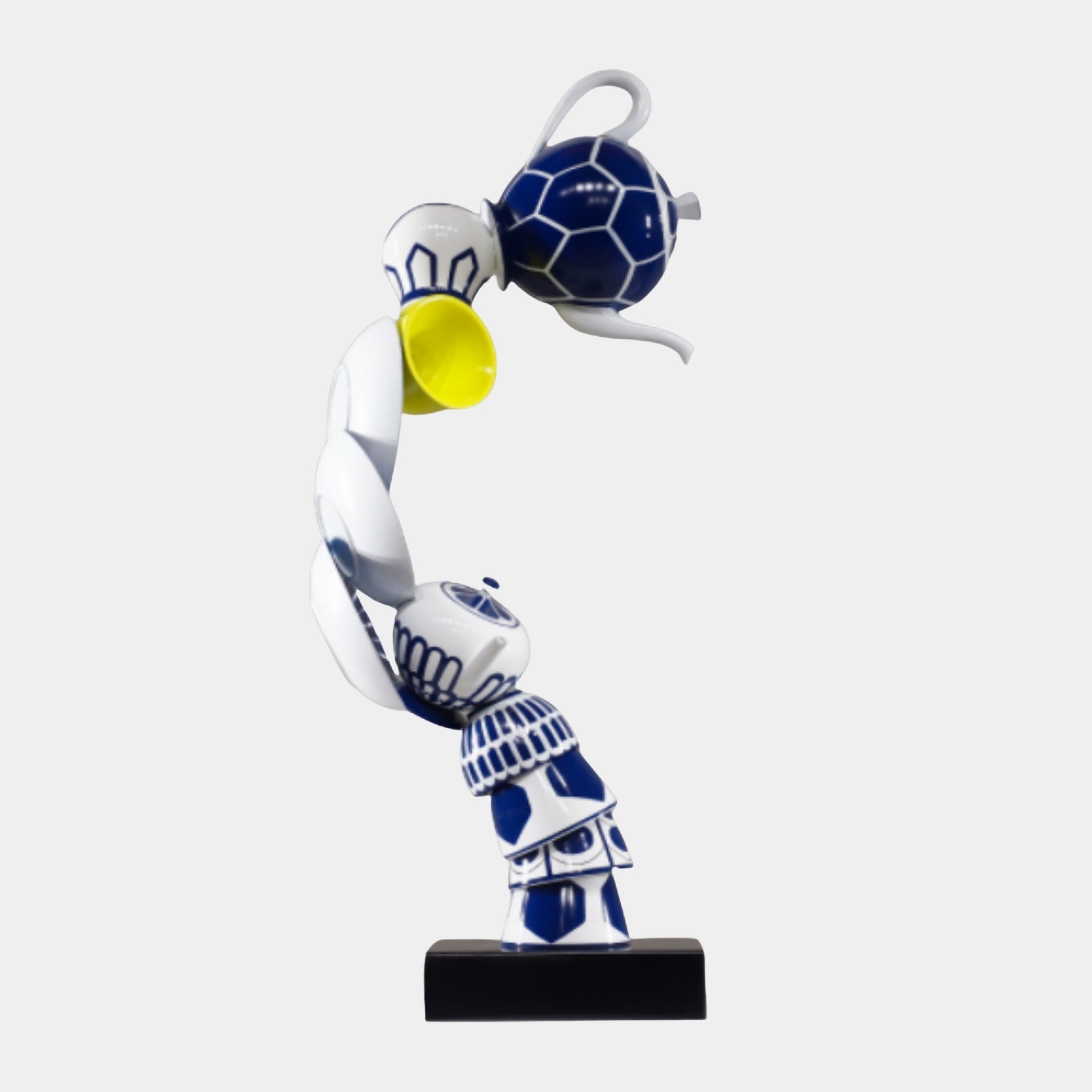Blue Abstract Turtle with Ball Sculpture by Giant Sculptures, a glossy 3D-printed resin figure in cobalt and white with yellow accents, topped by a patterned ball on a black base.
