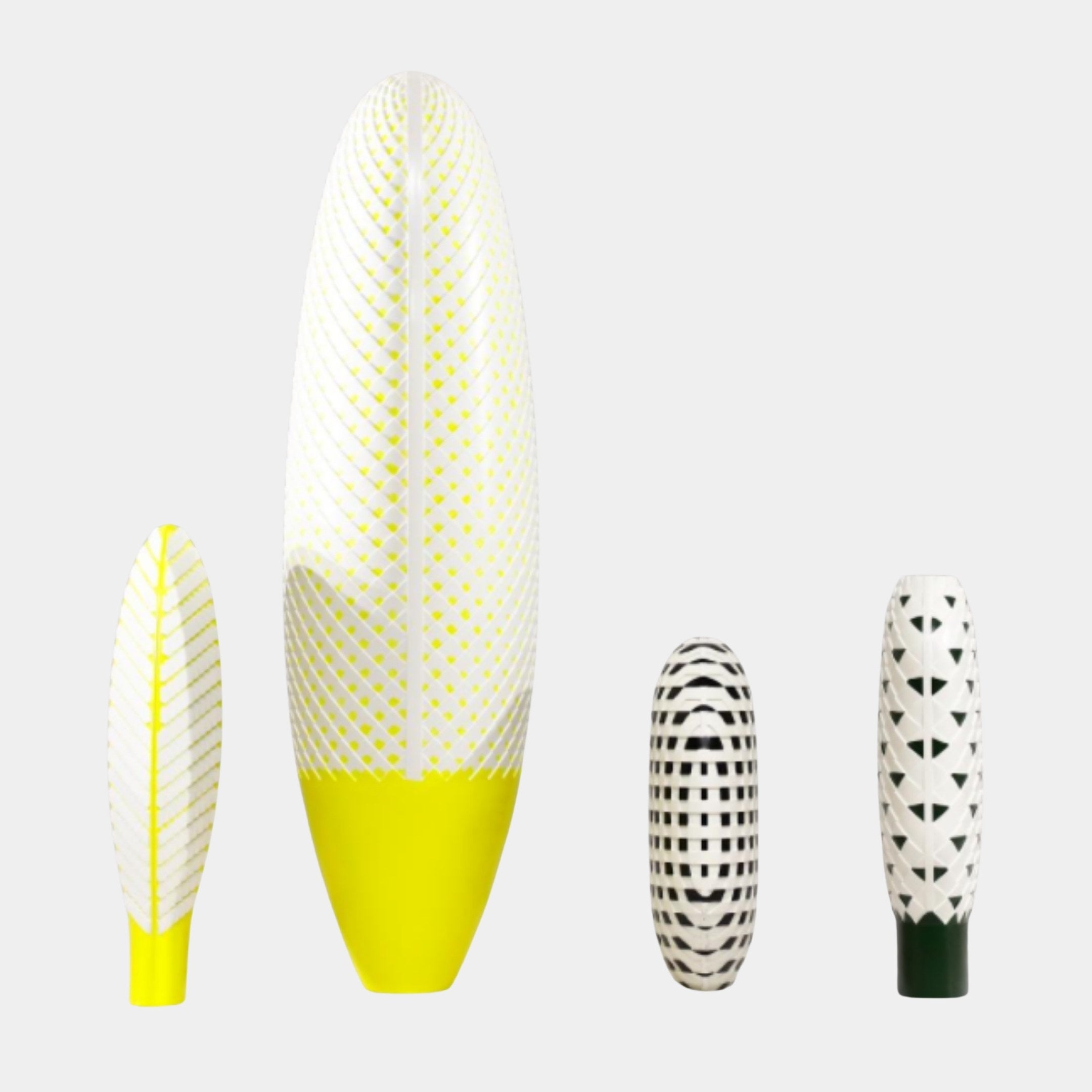 Giant Sculptures Yellow Patterned Vase Sculpture in 3D-printed resin, shown at 73cm beside smaller yellow, black, and green patterned vases on a white background.