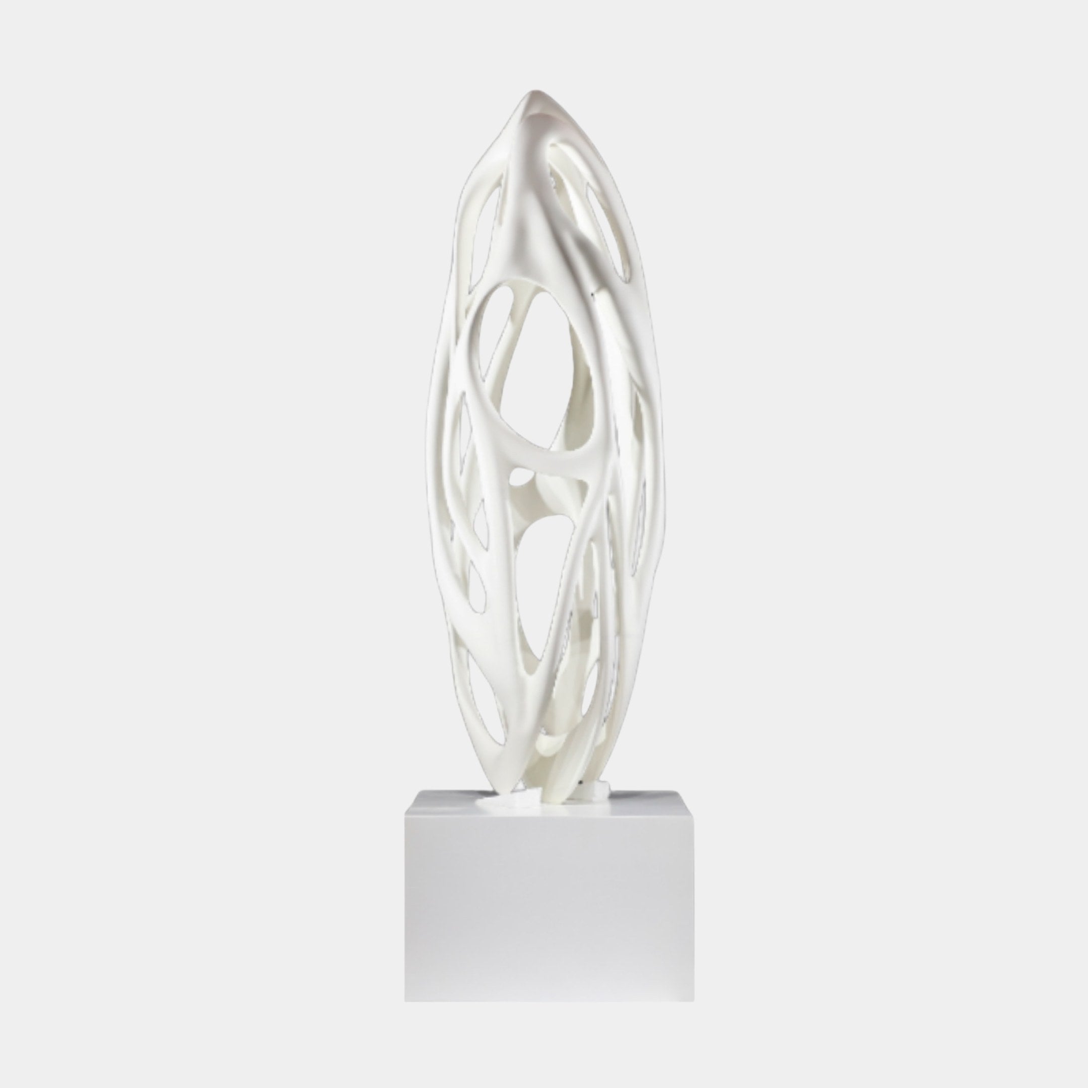 Giant Sculptures White Perforated Organic Vessel Sculpture in 3D-printed resin, featuring a tall openwork lattice form on a white plinth against a plain background.