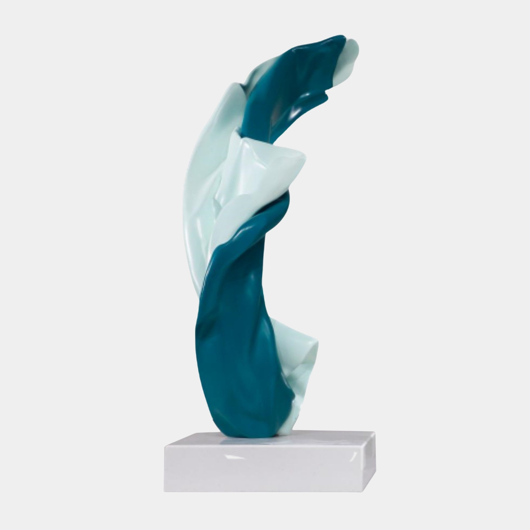 Teal Abstract Flowing Figure Sculpture by Giant Sculptures, with glossy interlocking teal and white ribbons rising from a white marble base, shown on a plain background.