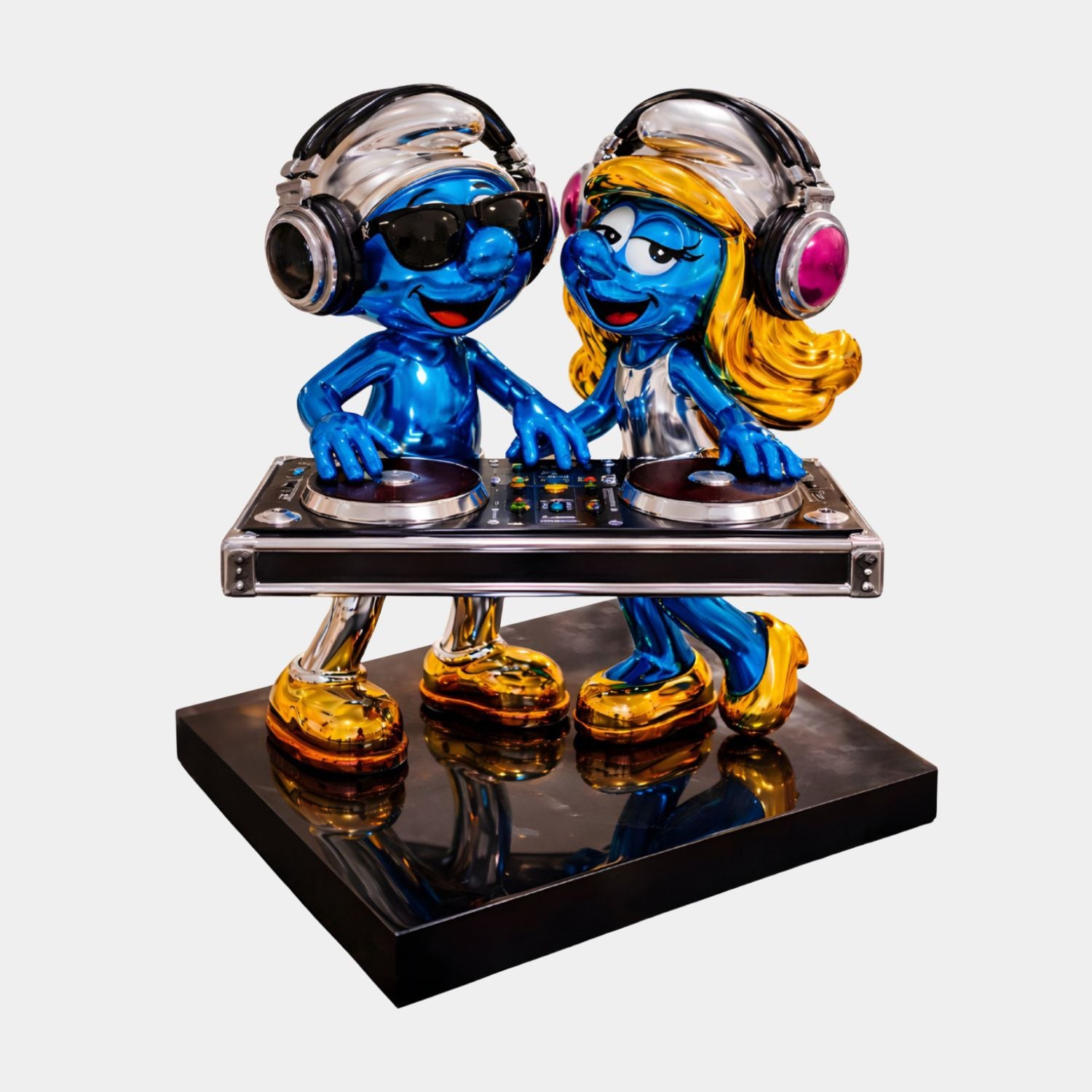 The Giant Sculptures DJ Smurf Decks Standing Sculpture (50cm) features two hand-painted Smurfs as DJs with headphones and sunglasses at a turntable, smiling atop a shiny black base—an eye-catching addition for any collector.